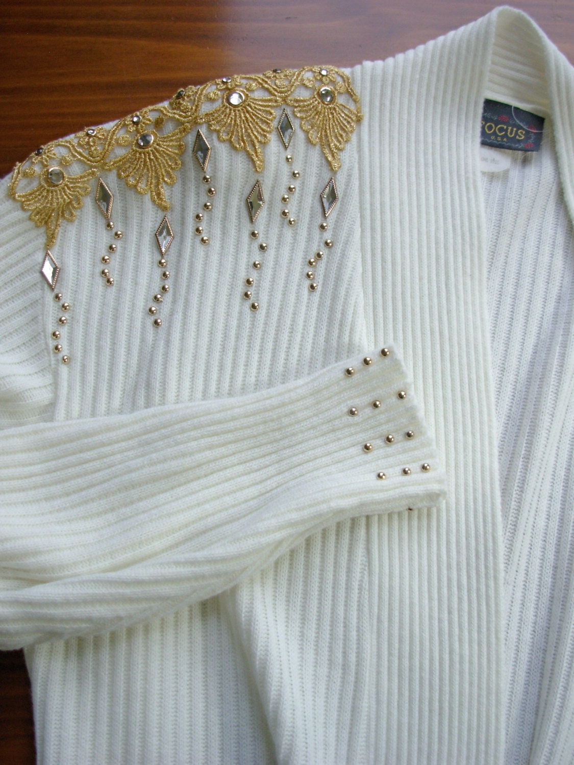 Vintage 80's winter white and gold long cardigan sweater, shoulder pads, size large / medium