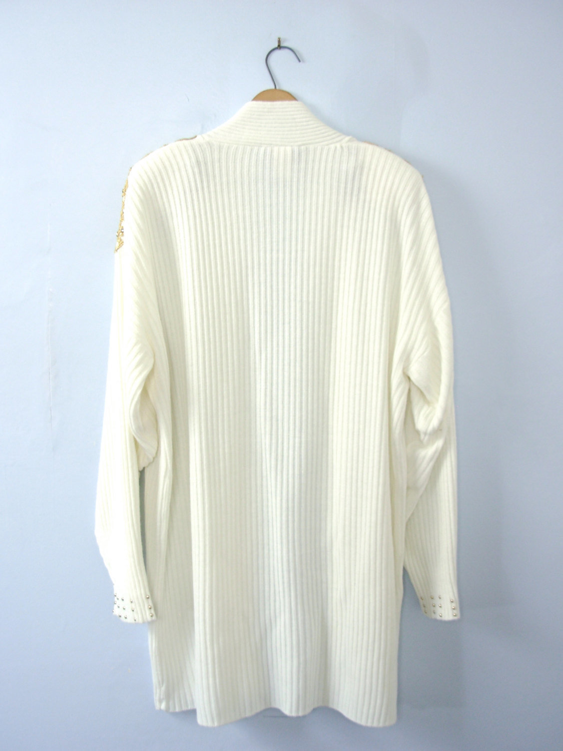 Vintage 80's winter white and gold long cardigan sweater, shoulder pads, size large / medium