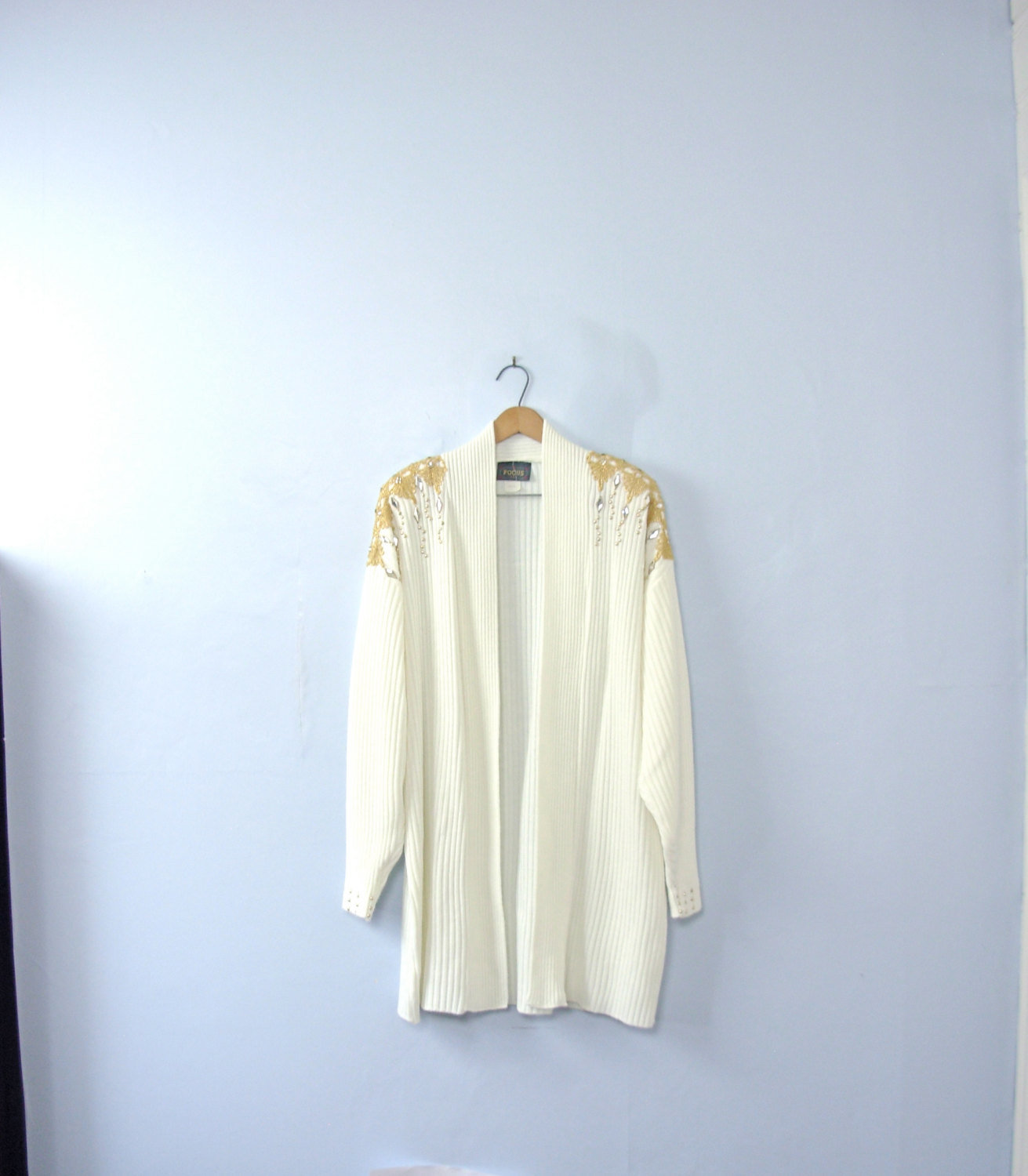 Vintage 80's winter white and gold long cardigan sweater, shoulder pads, size large / medium