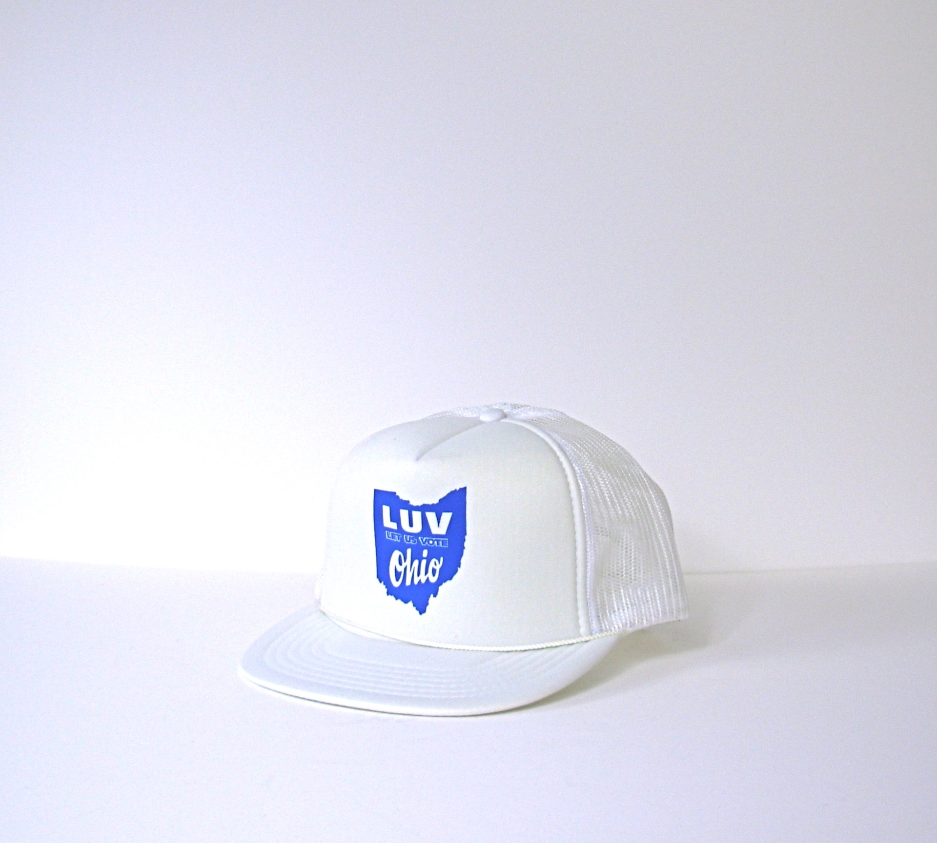 Vintage 70's Let Us Vote Ohio movement white trucker hat snap back, Boyce & Hart