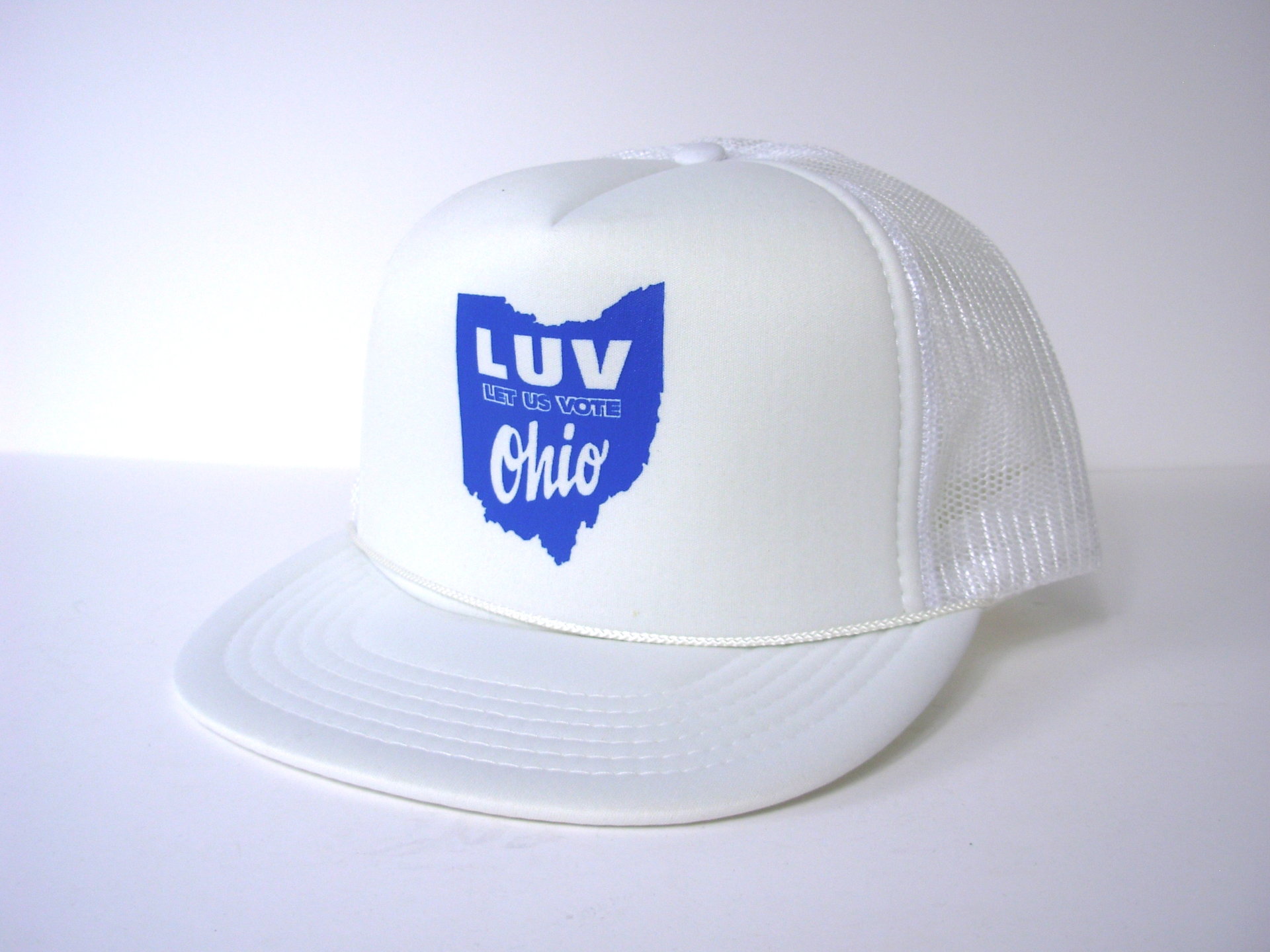 Vintage 70's Let Us Vote Ohio movement white trucker hat snap back, Boyce & Hart