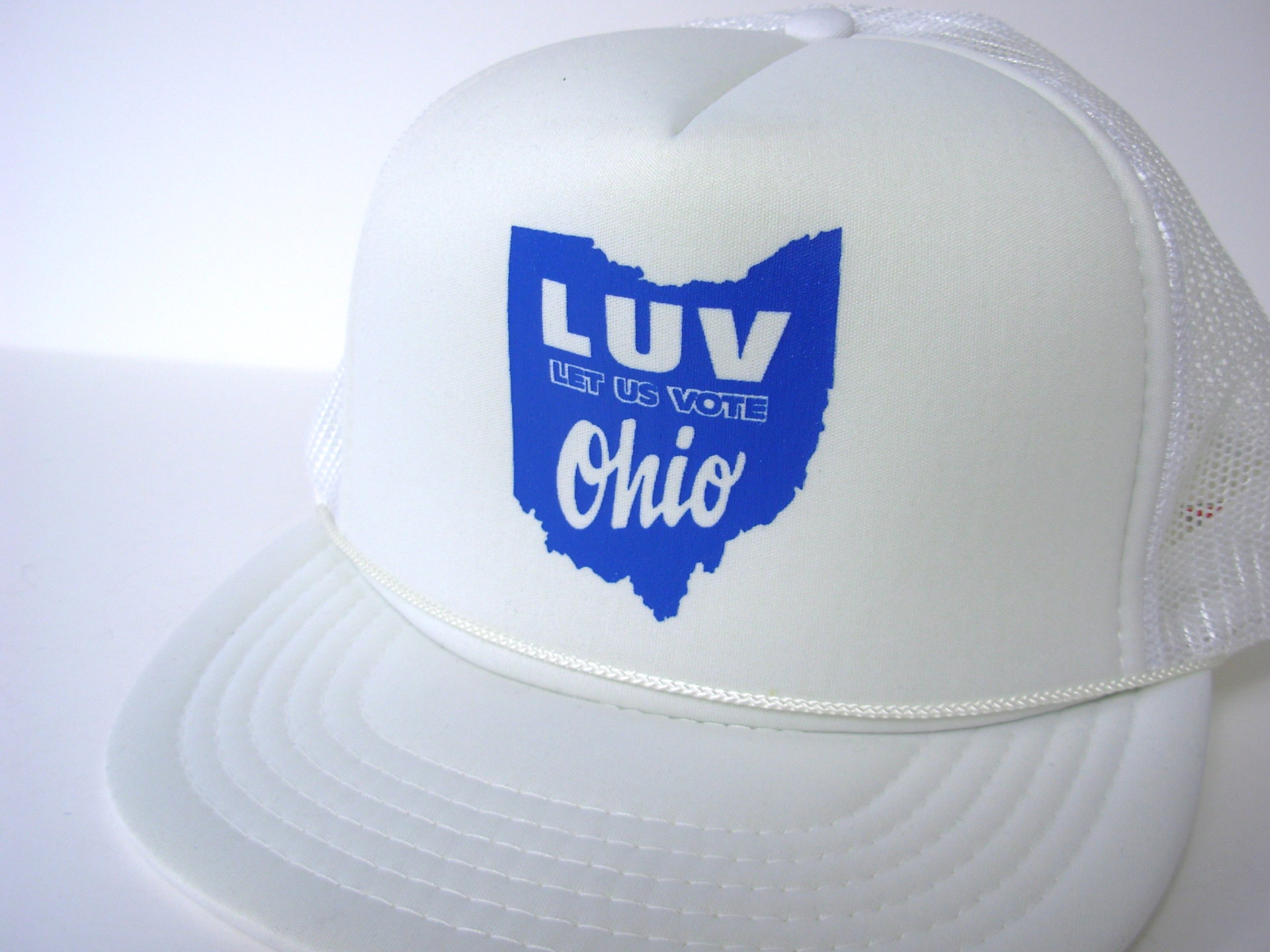Vintage 70's Let Us Vote Ohio movement white trucker hat snap back, Boyce & Hart