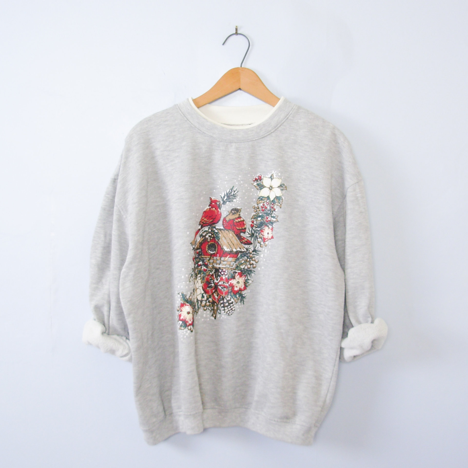 Vintage 90's cute birds Christmas sweatshirt pullover, men's size large