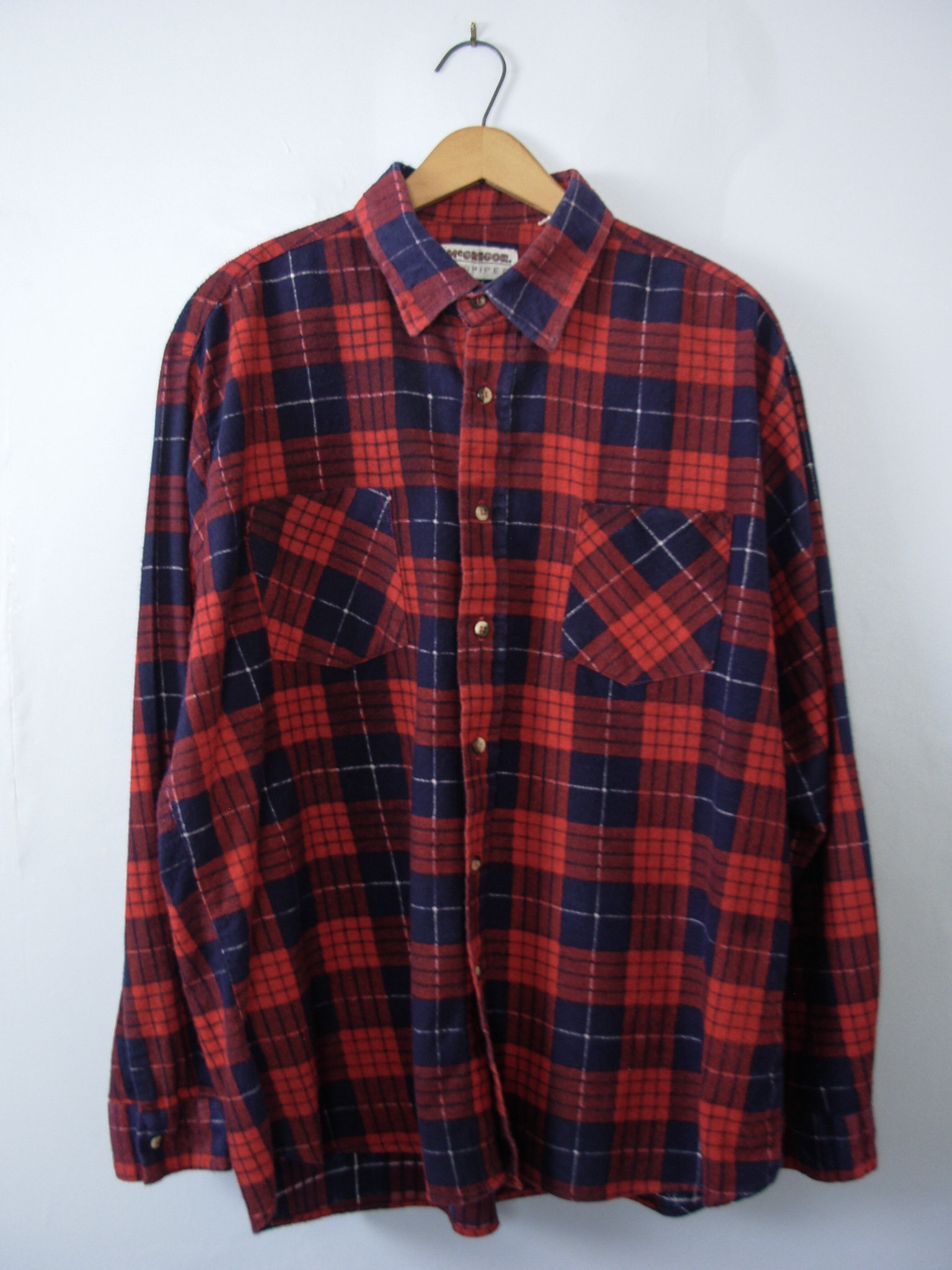 80's red plaid flannel button up shirt, men's XL