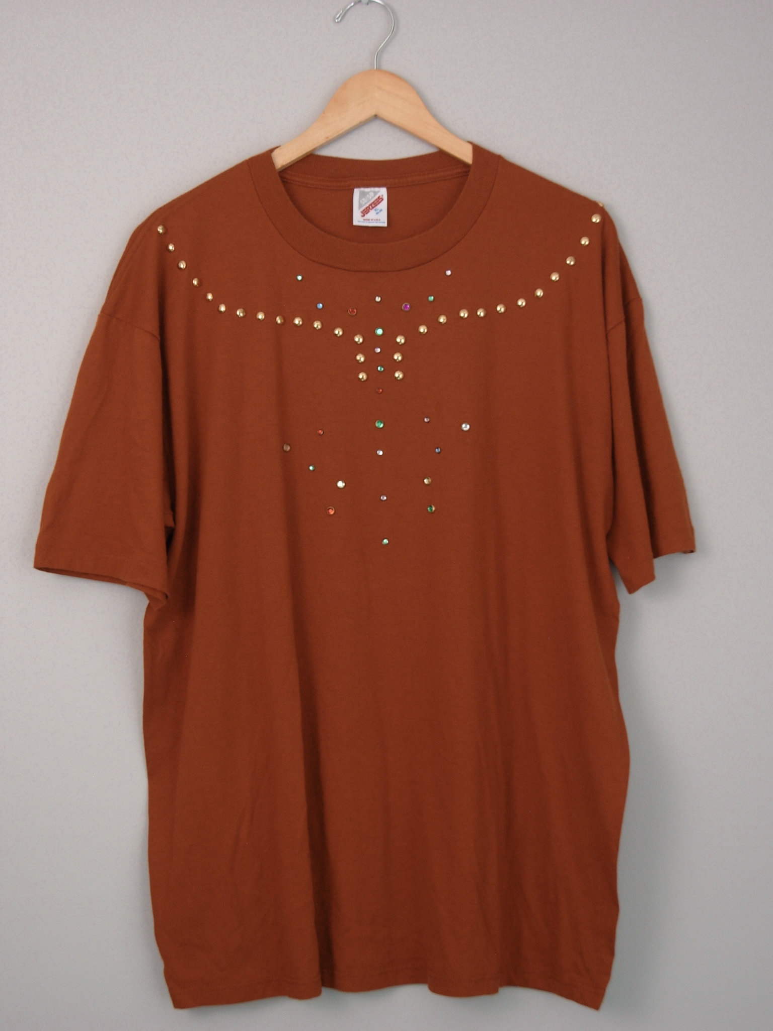 80's rust orange studded and bedazzled tee shirt, size XL