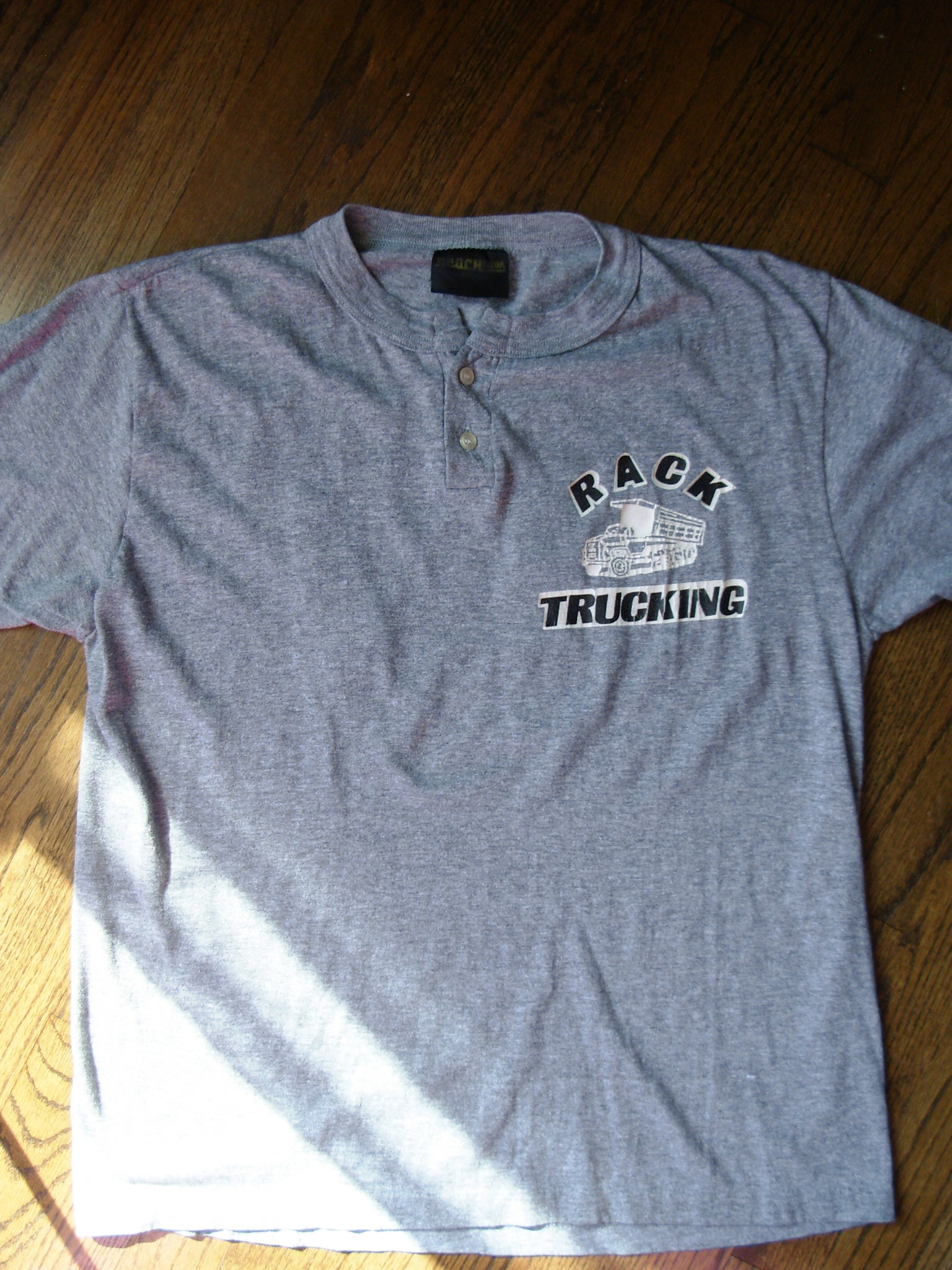 80's Rack Trucking grey henley graphic tee shirt, men's size medium