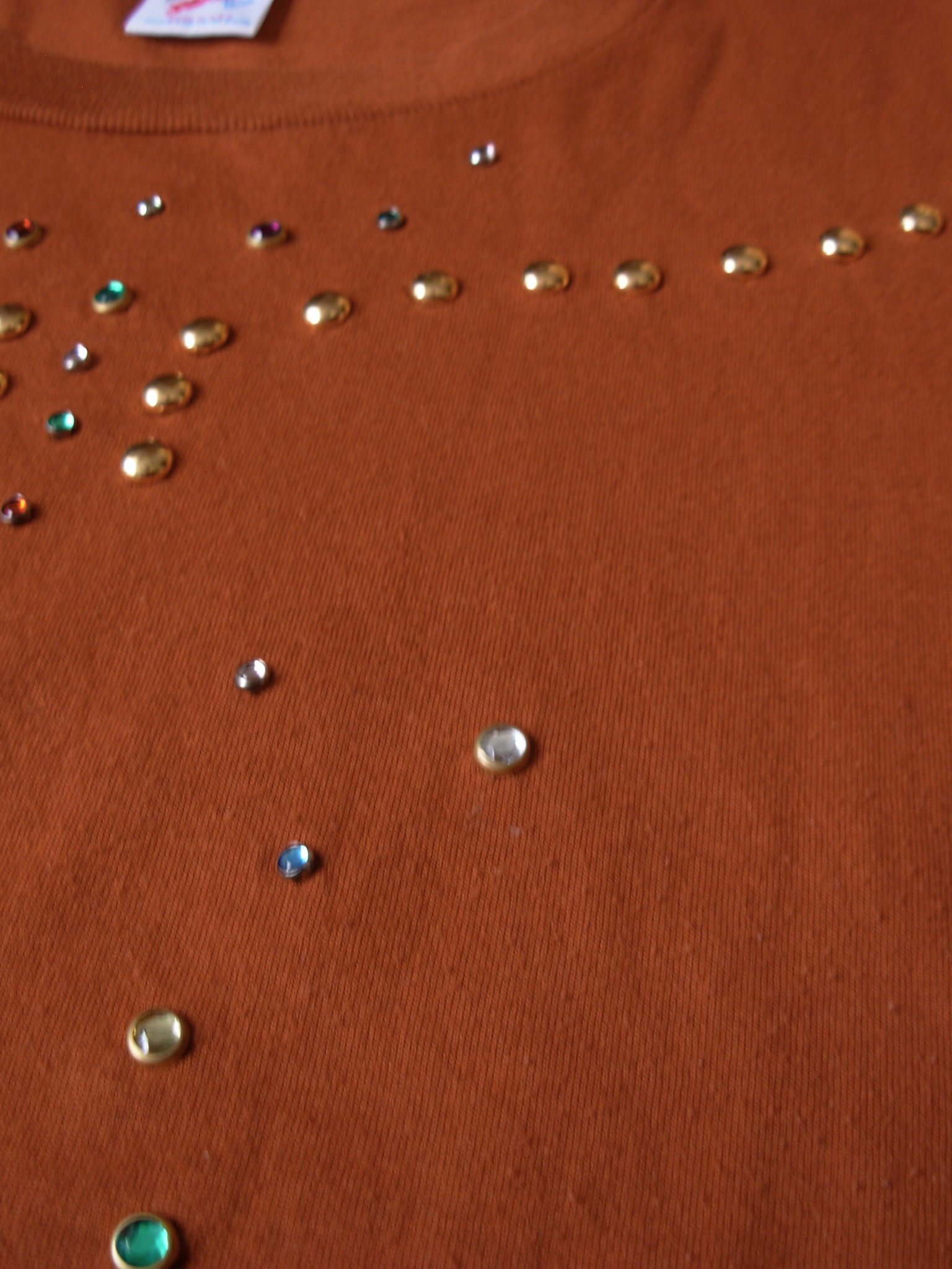 80's rust orange studded and bedazzled tee shirt, size XL