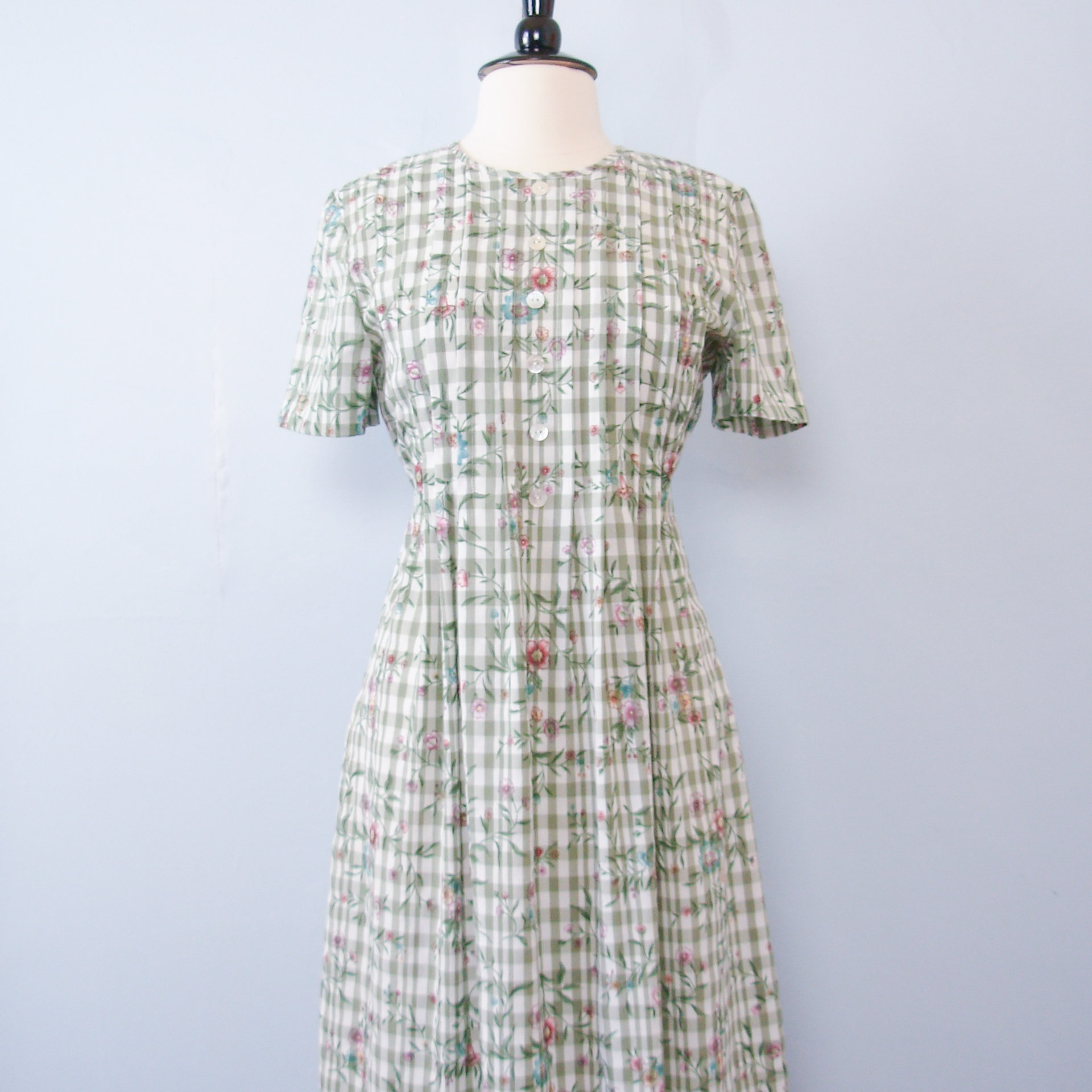 90's floral green plaid dress, women's size medium