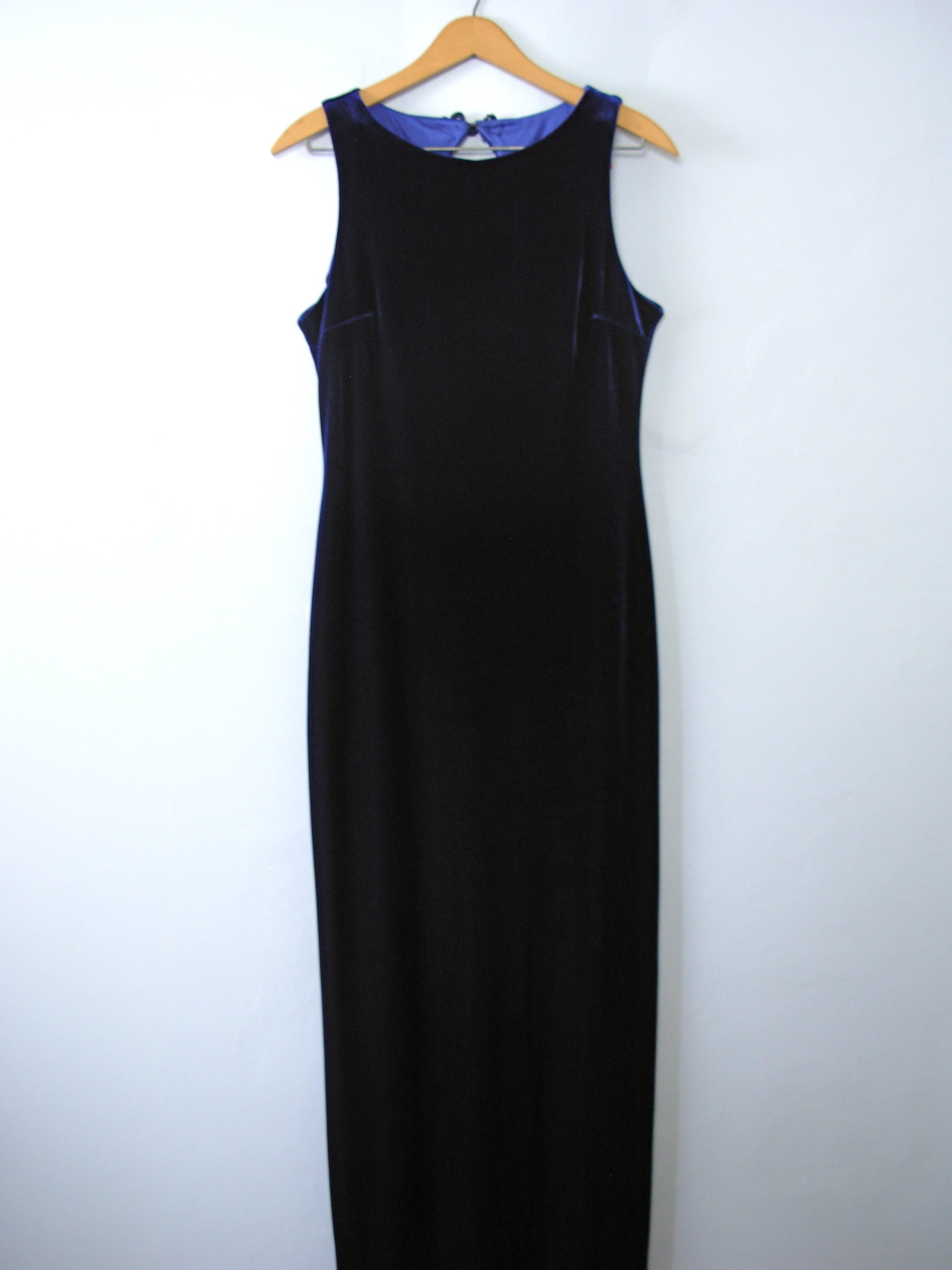 Vintage 90's sleeveless royal blue velvet floor length maxi dress, size medium