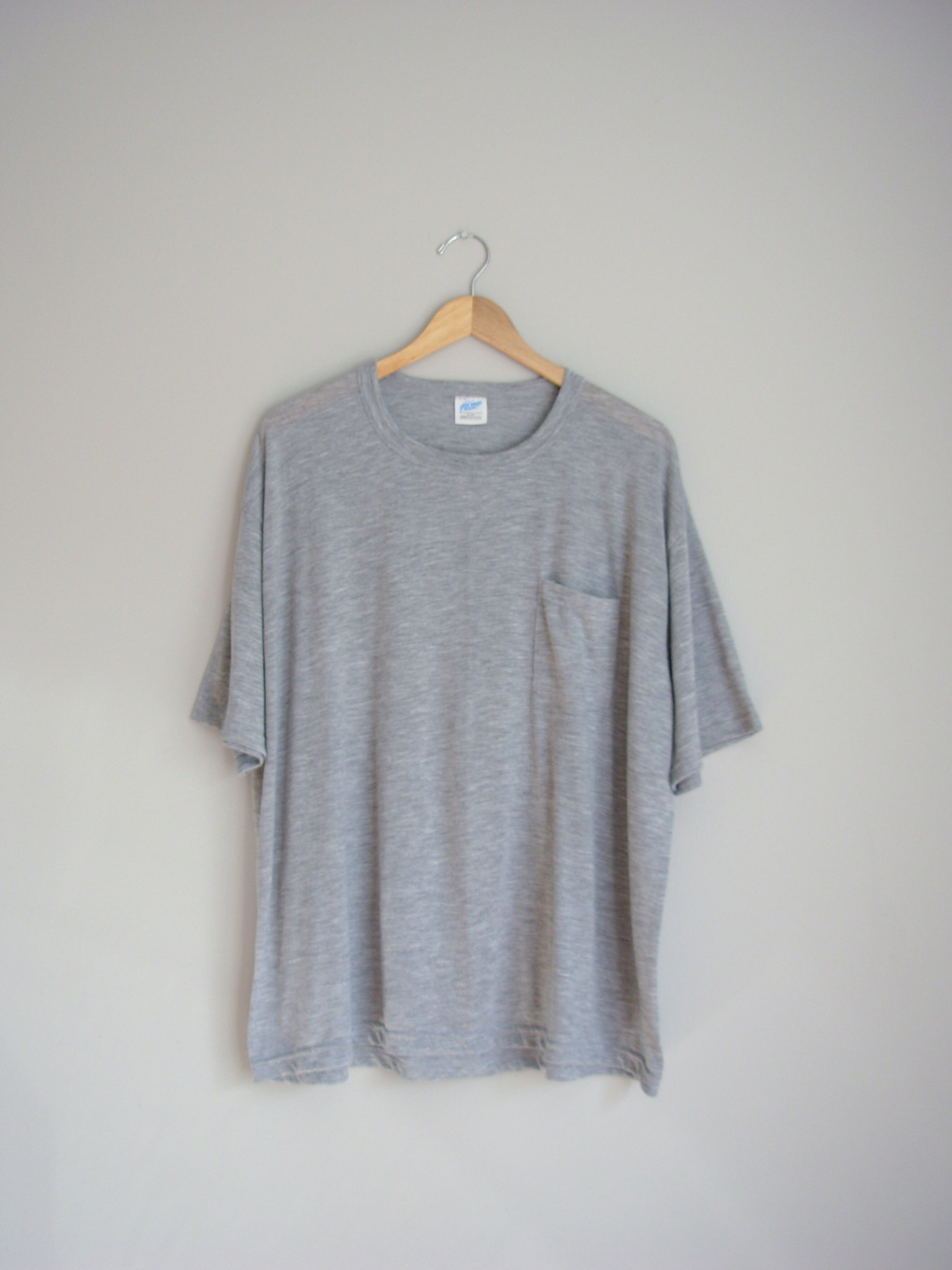 80's thin plain grey pocket tee shirt, men's size 2XL