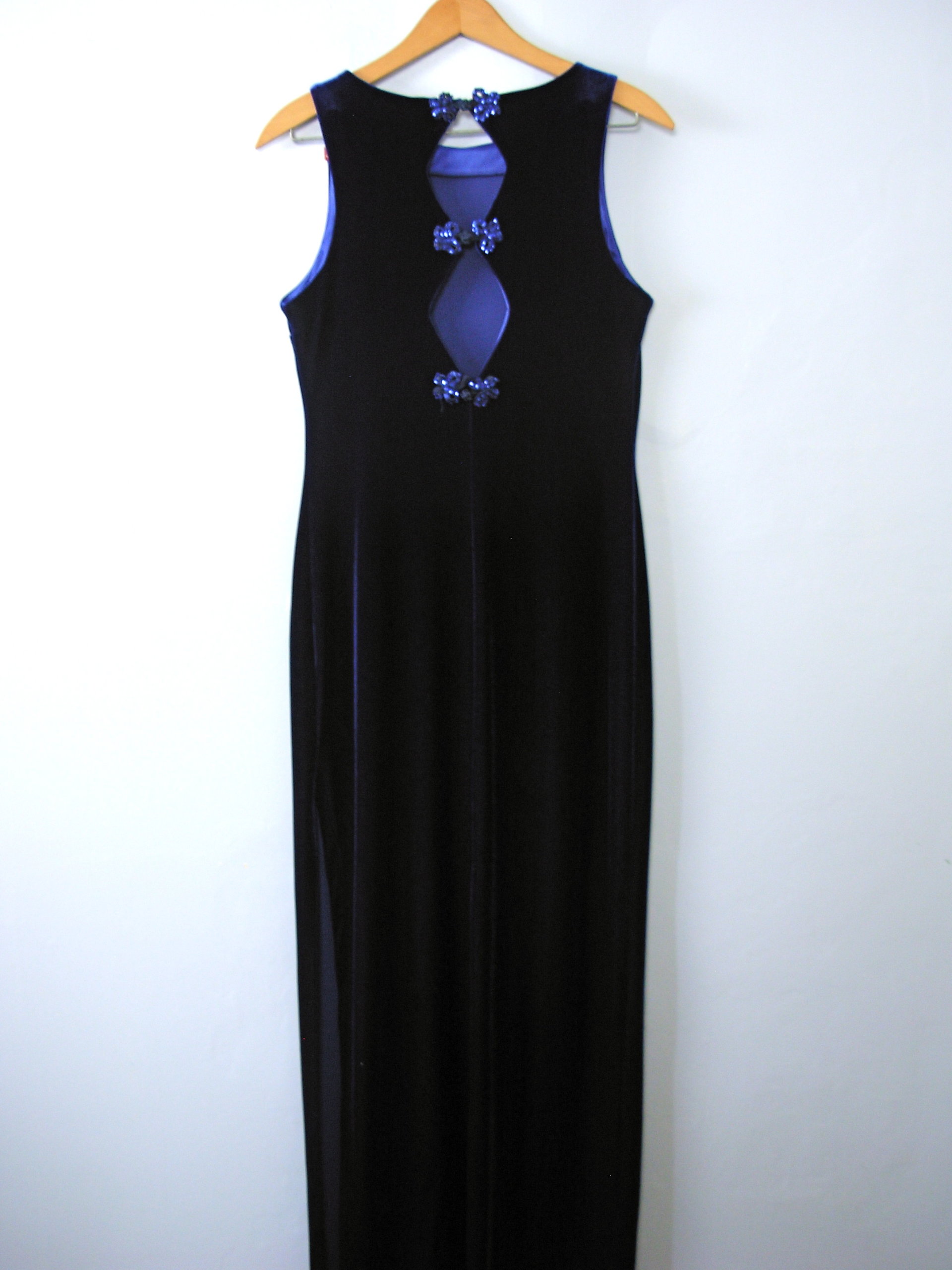 Vintage 90's sleeveless royal blue velvet floor length maxi dress, size medium