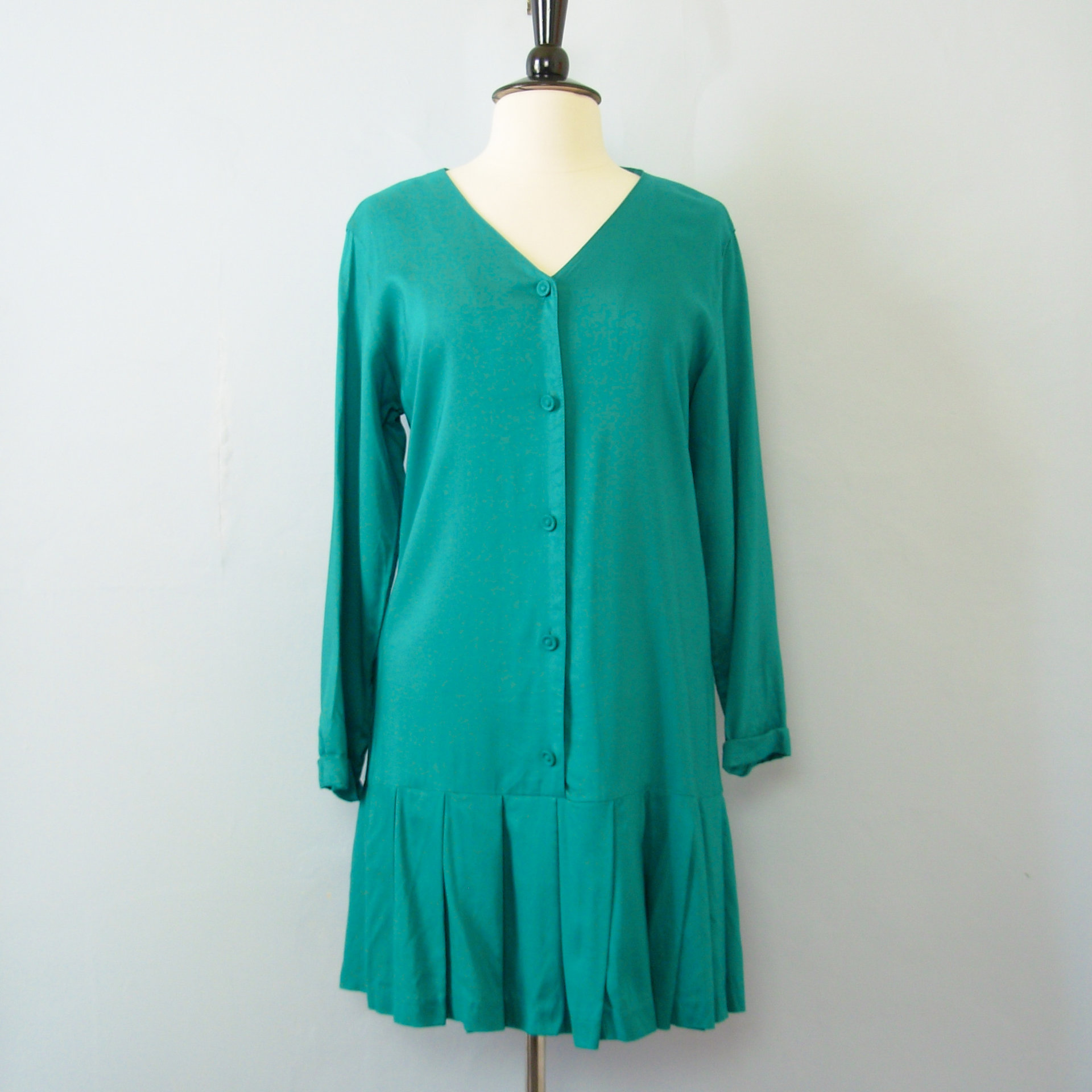 80's teal blue dropped waist pleated dress, women's size medium