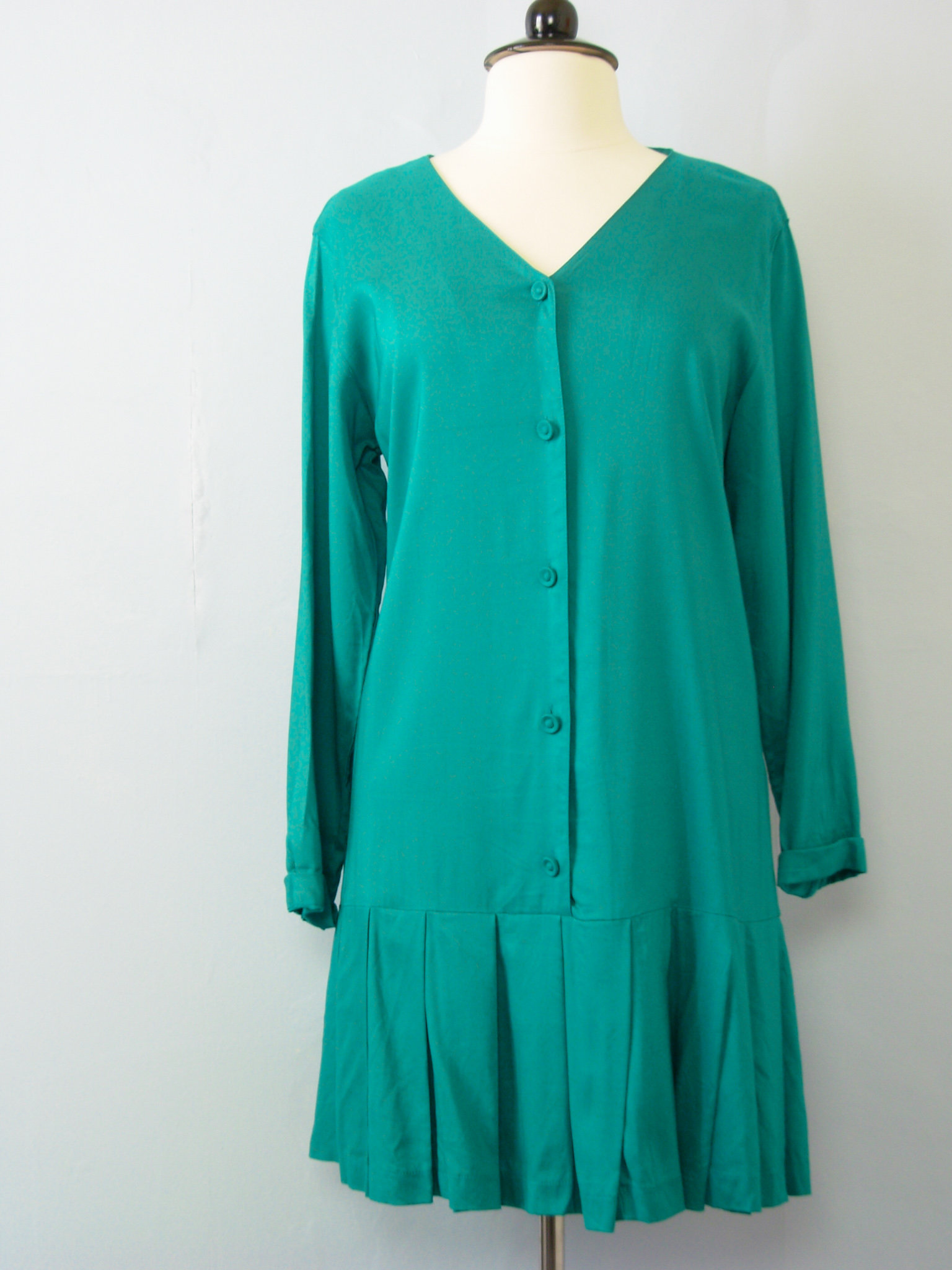 80's teal blue dropped waist pleated dress, women's size medium