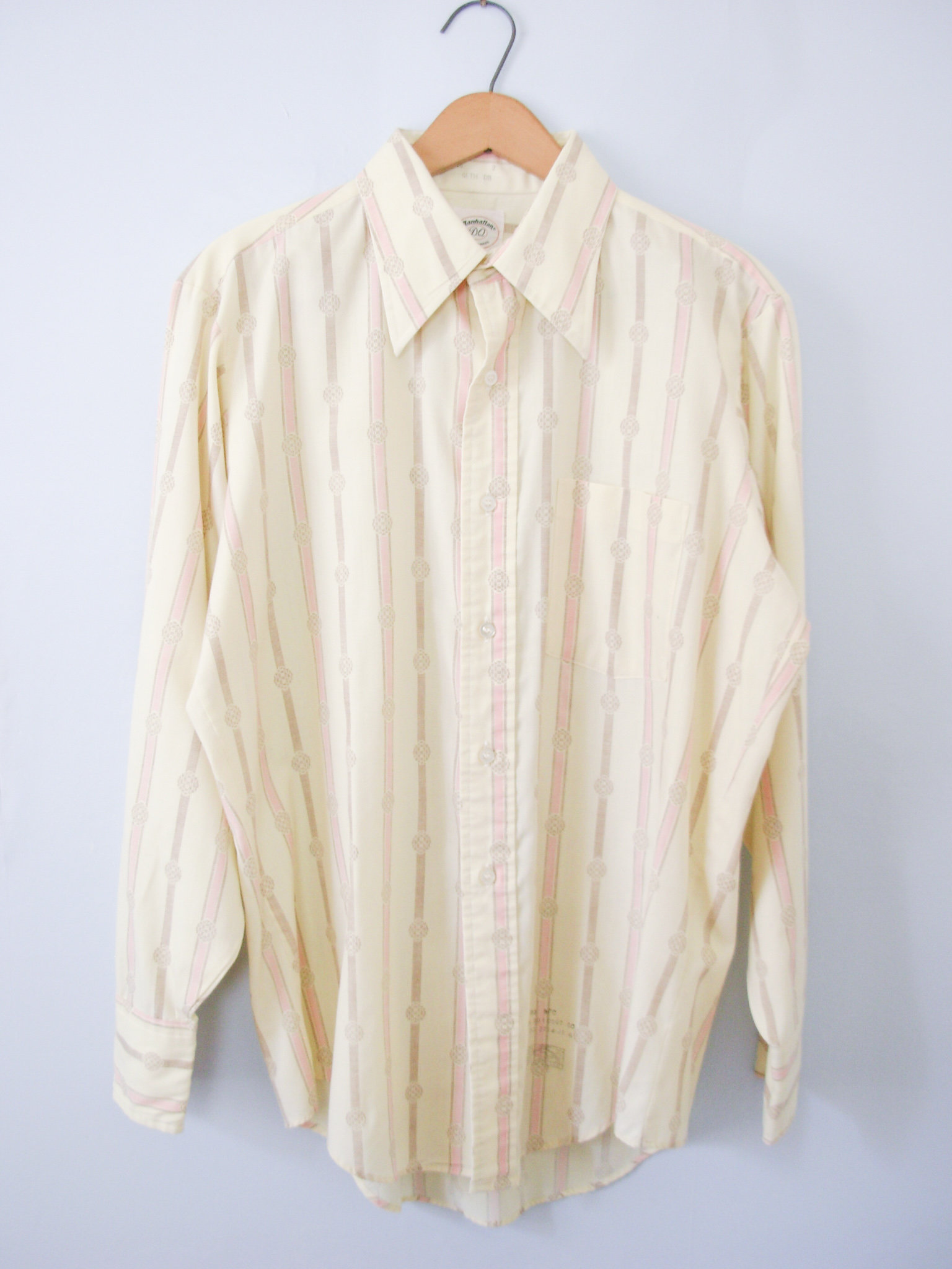 Vintage 70's yellow striped button up shirt with pocket, men's size medium