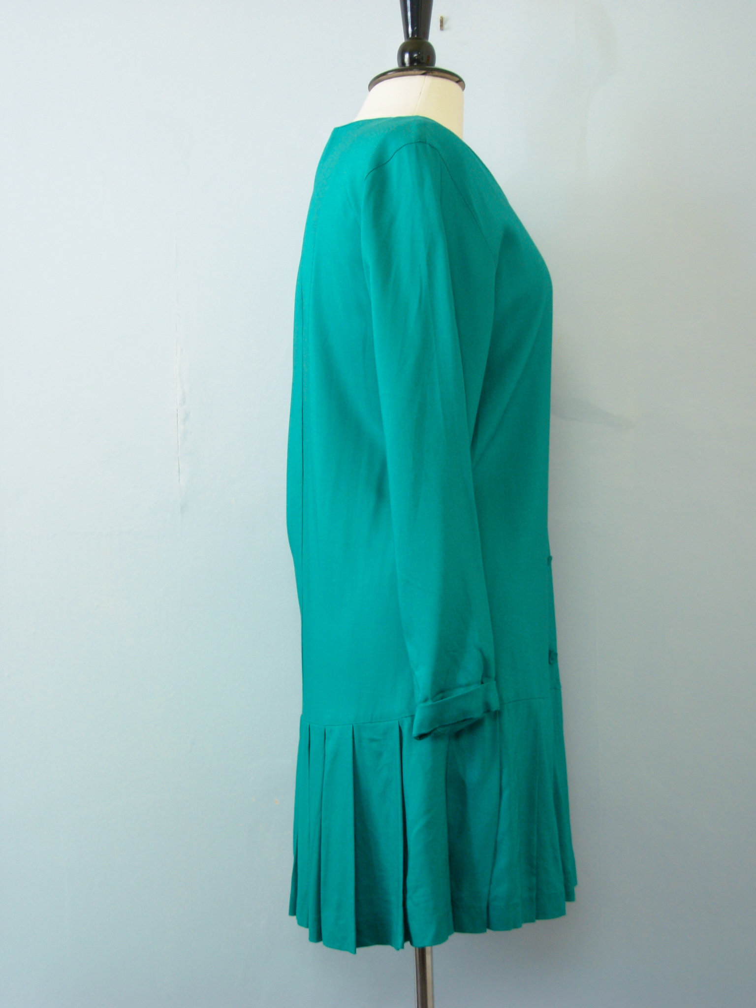80's teal blue dropped waist pleated dress, women's size medium