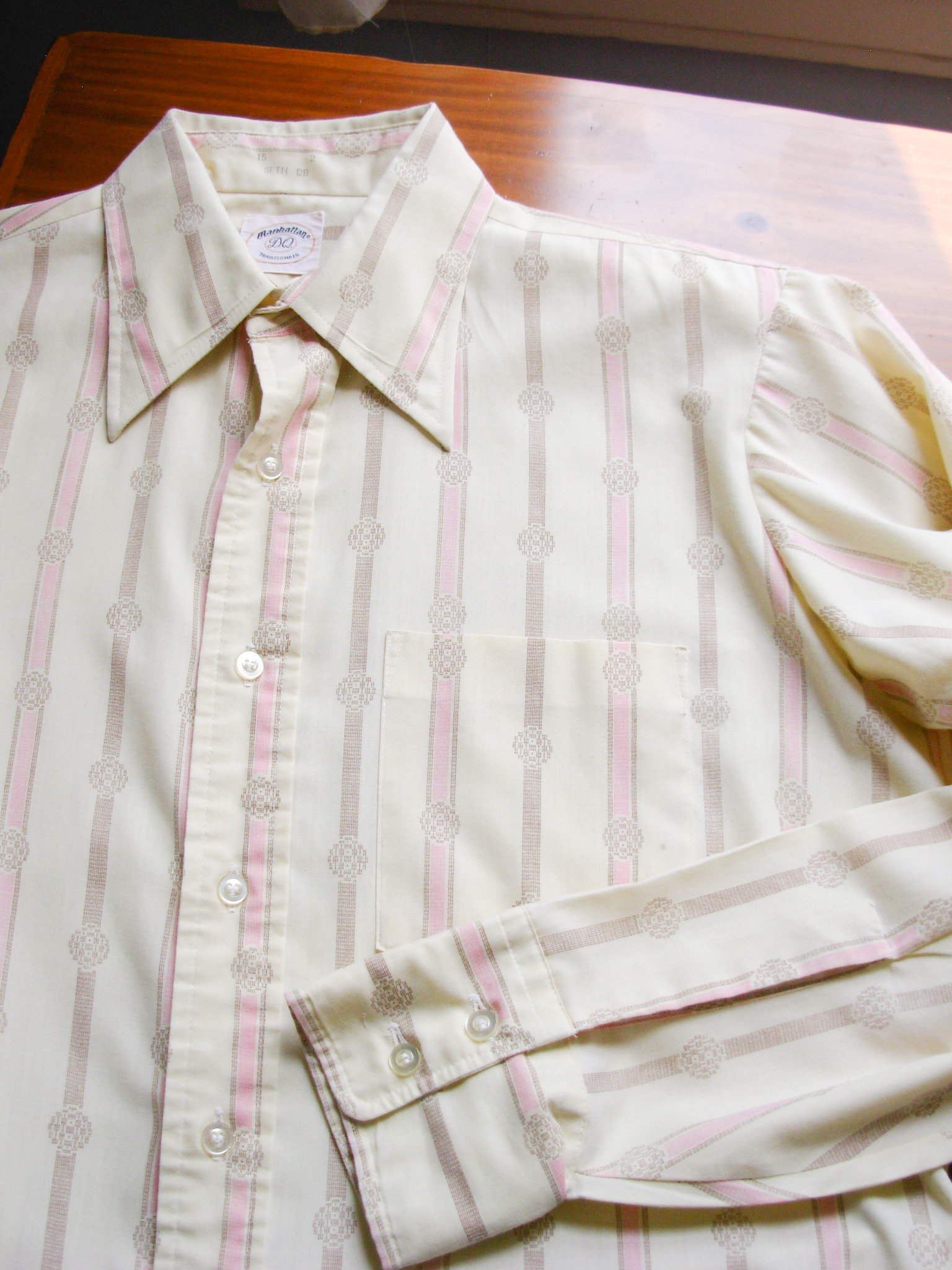 Vintage 70's yellow striped button up shirt with pocket, men's size medium