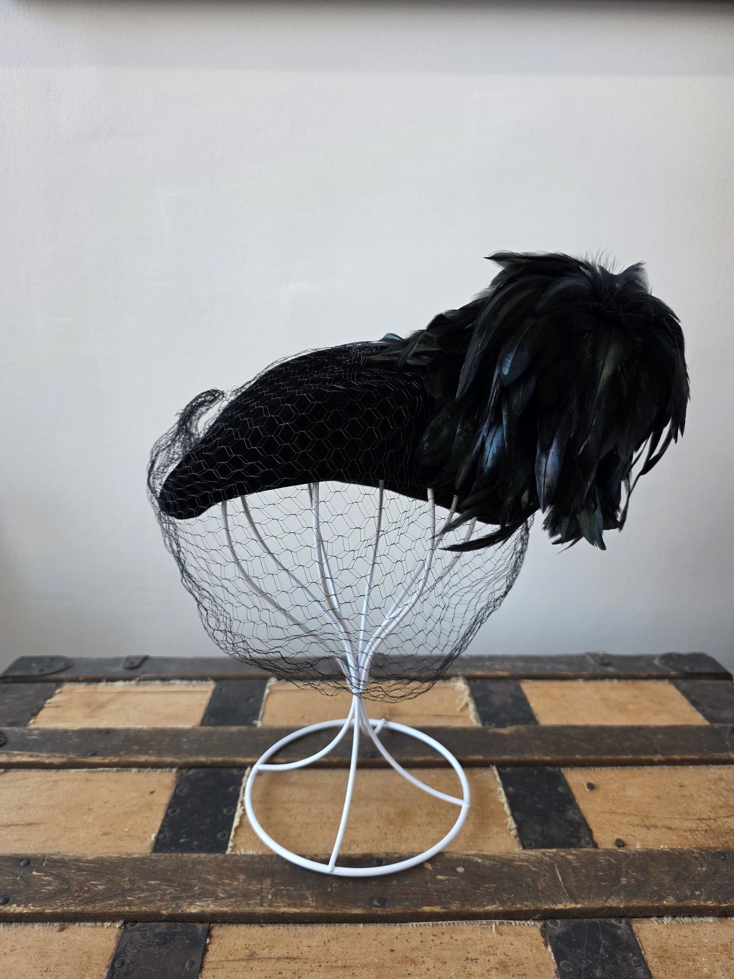 1940 wool and velvet crescent hat with feathers
