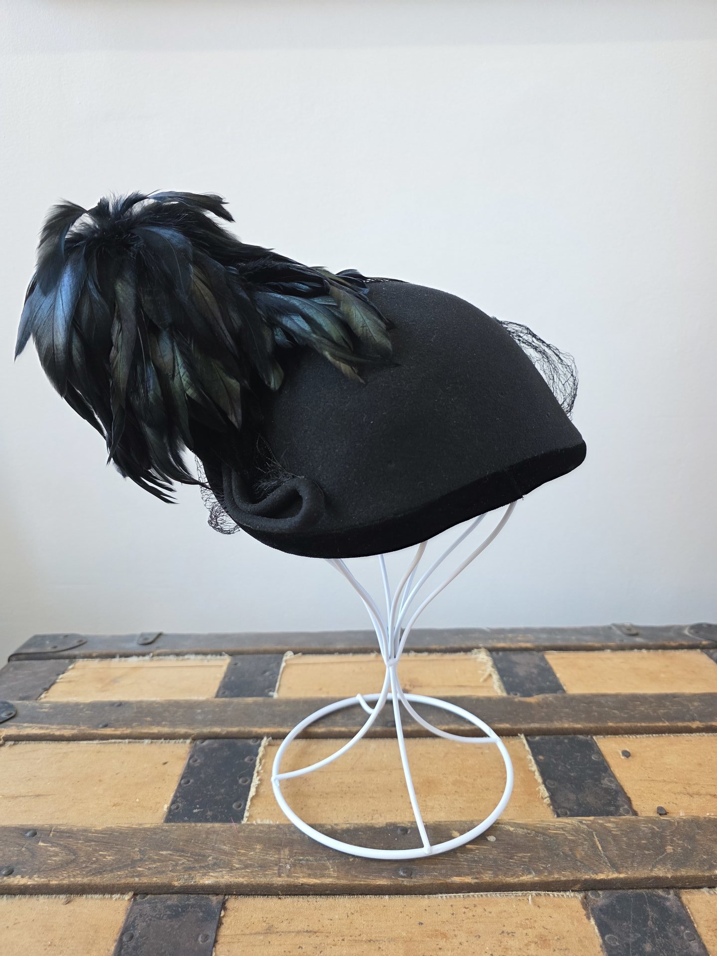 1940 wool and velvet crescent hat with feathers