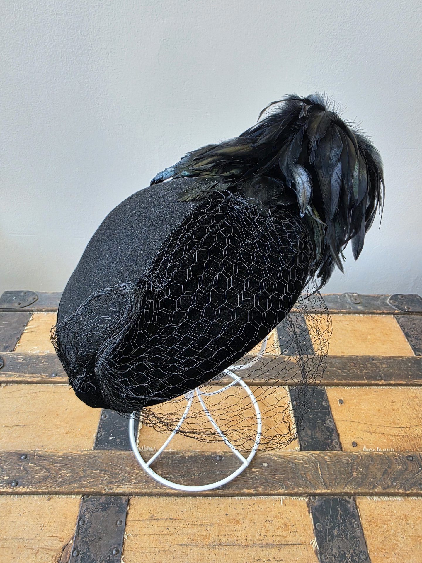 1940 wool and velvet crescent hat with feathers