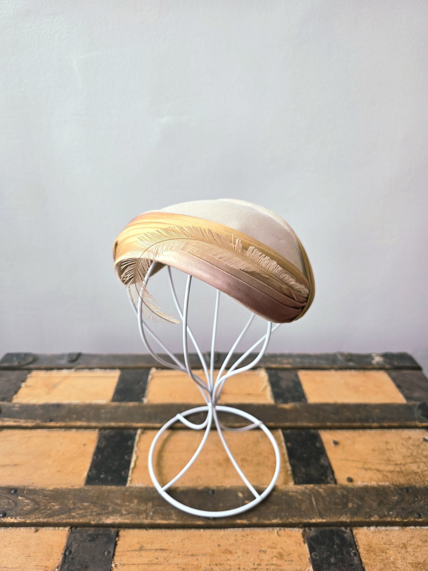 1950 velvet crescent fascinator hat with feather