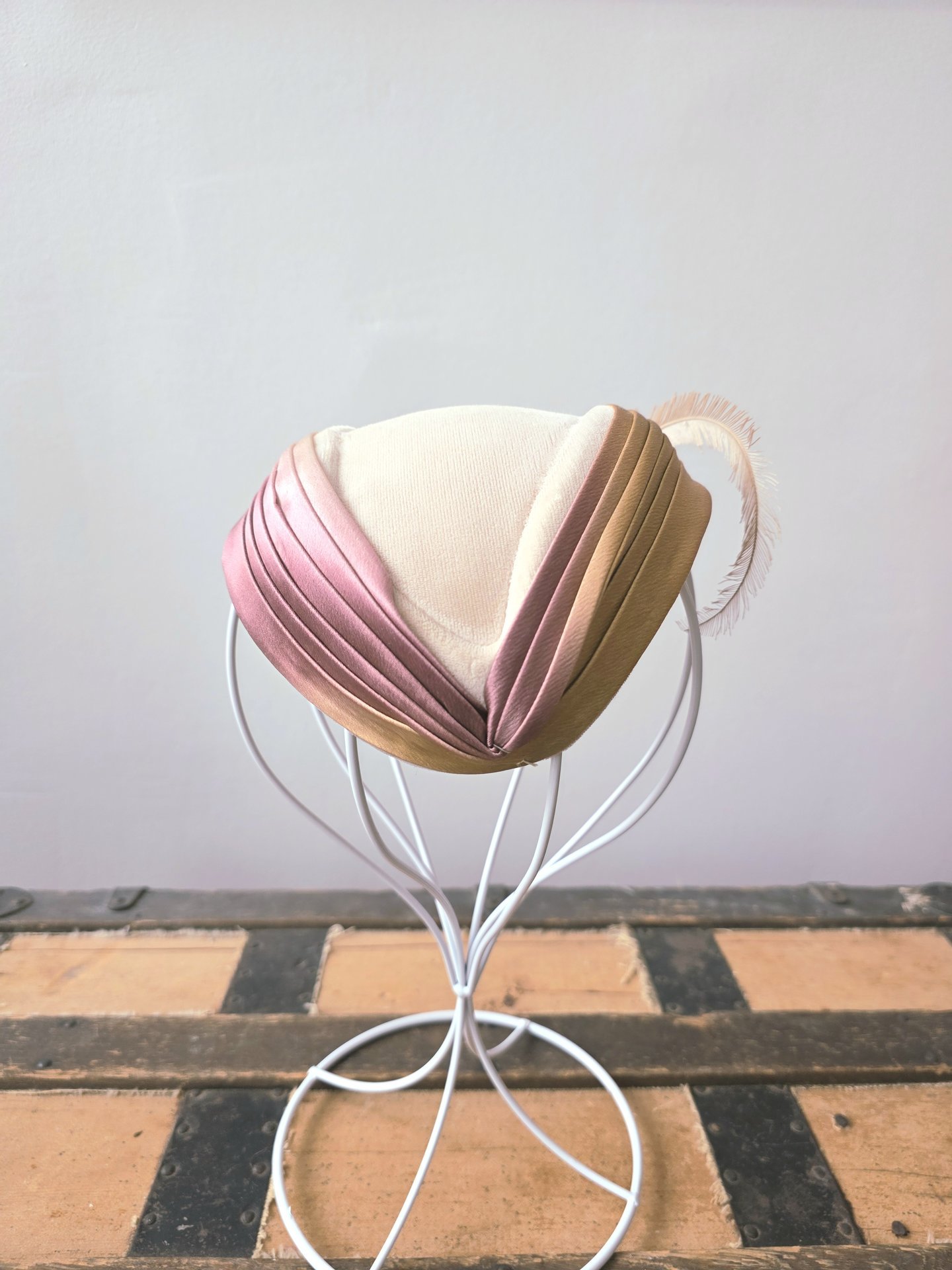 1950 velvet crescent fascinator hat with feather