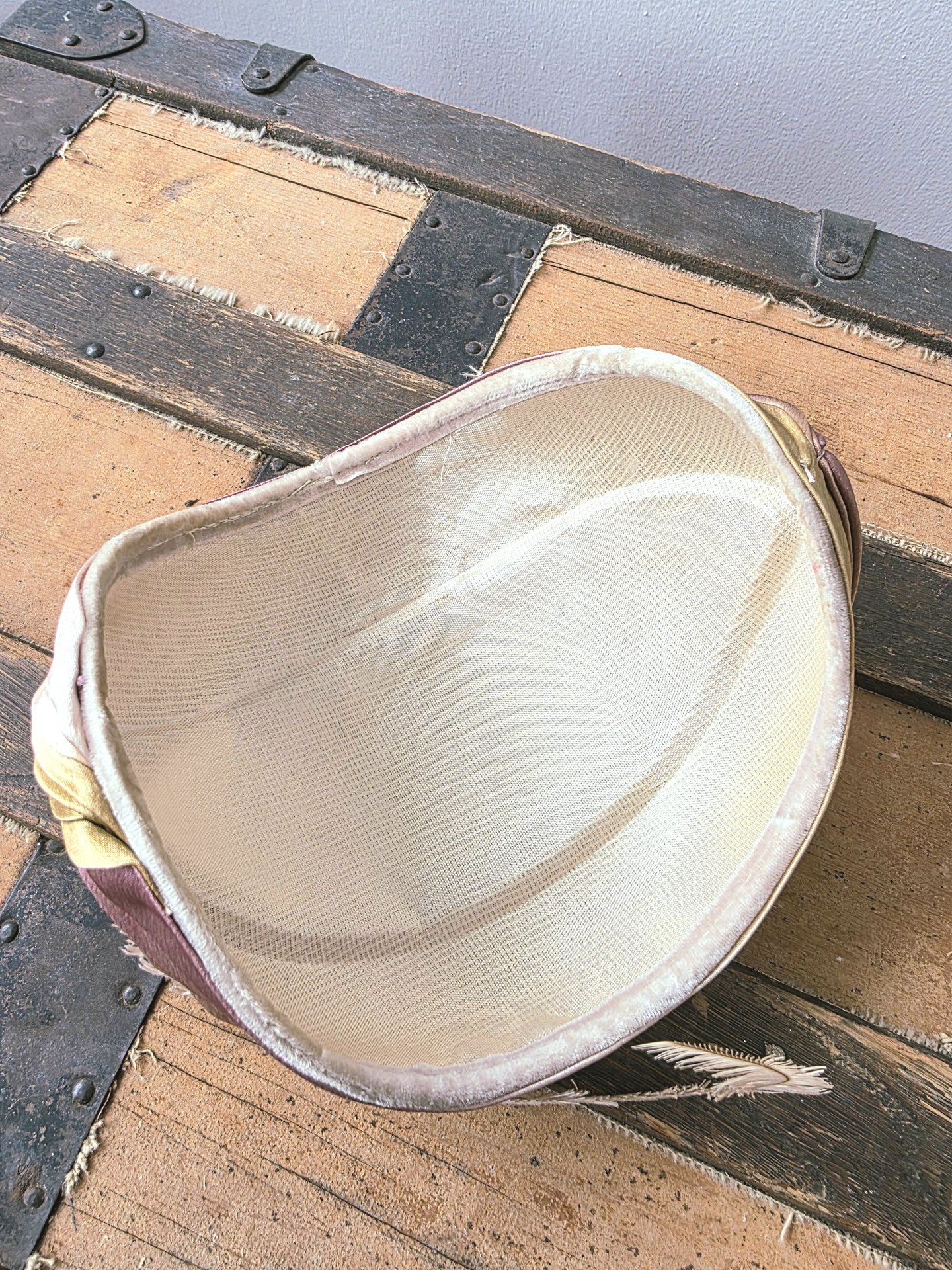 1950 velvet crescent fascinator hat with feather