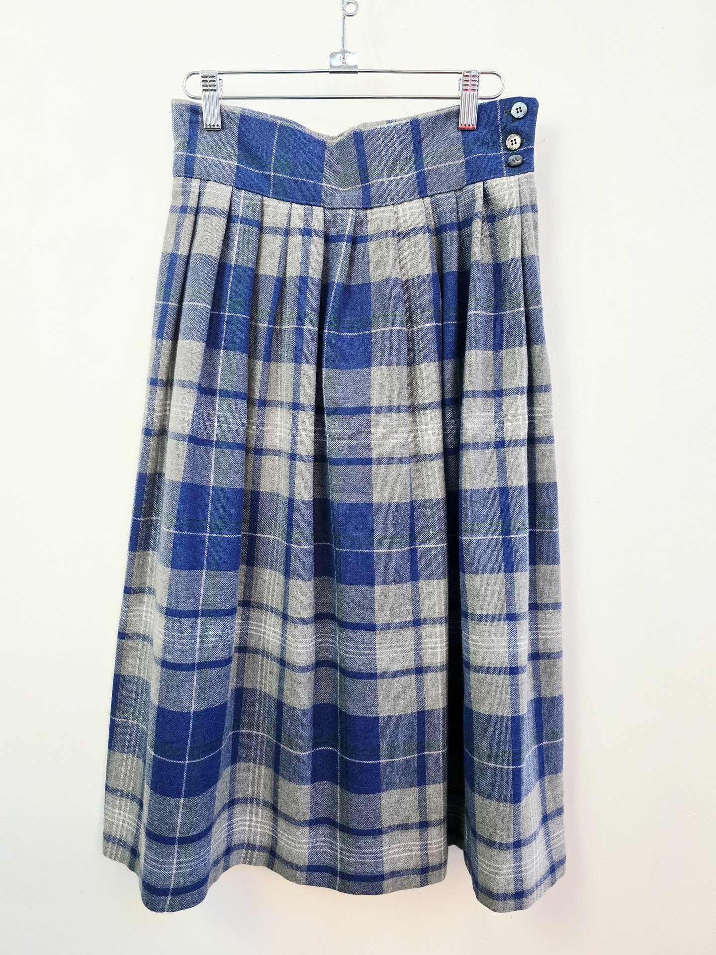 1980 blue plaid wool pleated skirt, small
