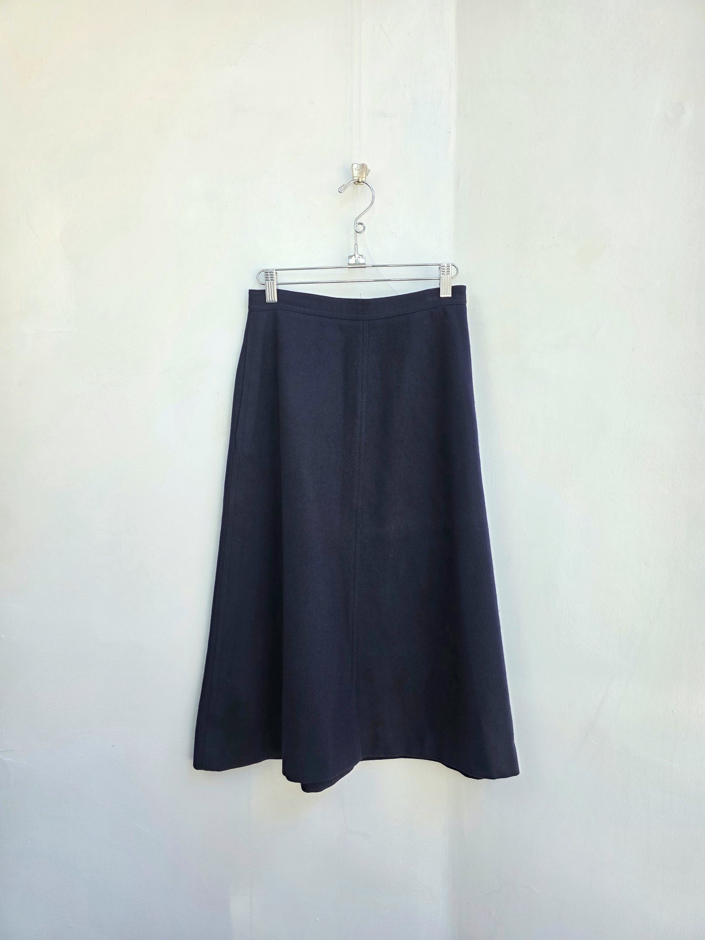1970 navy blue wool midi skirt, small
