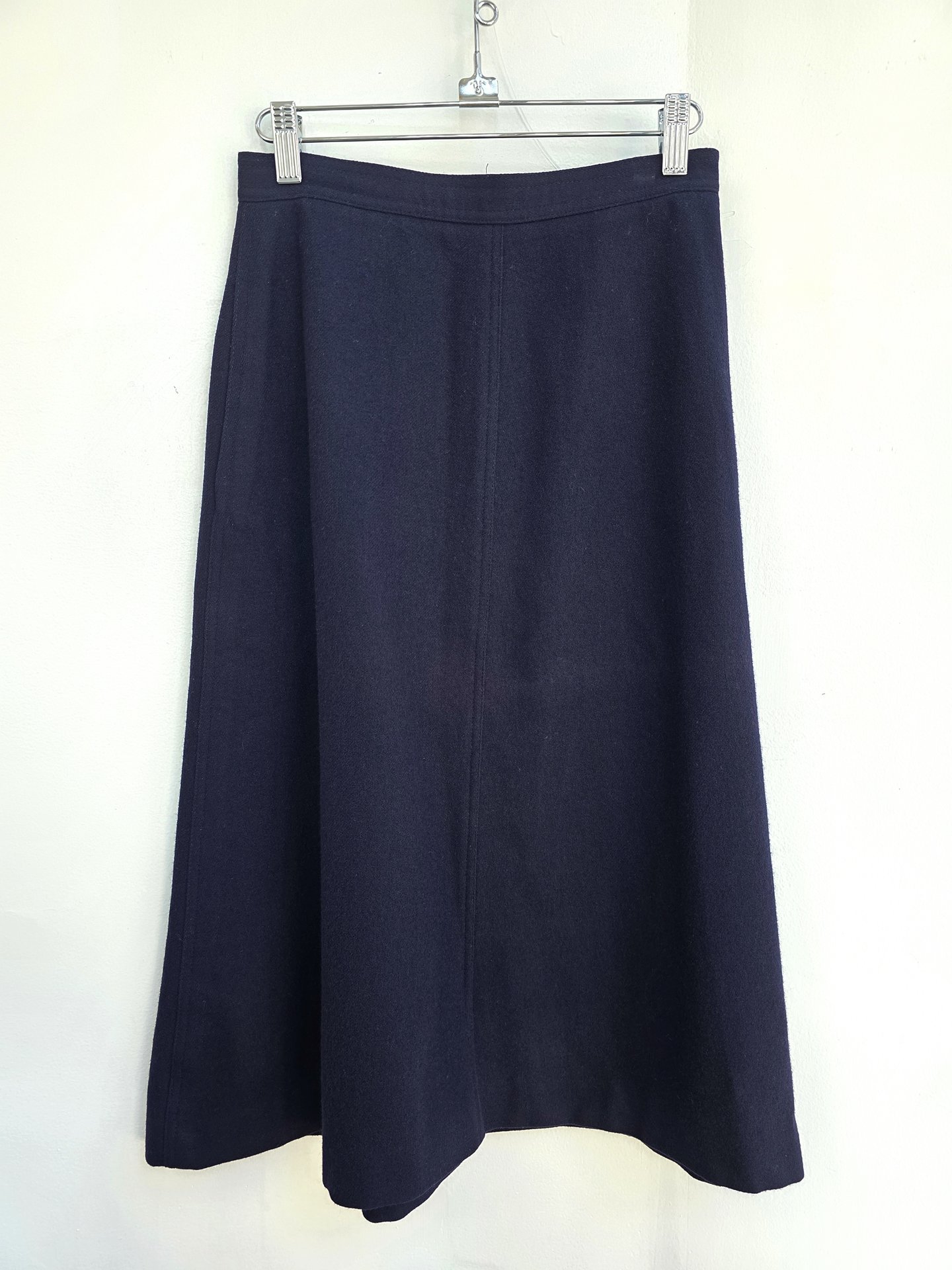 1970 navy blue wool midi skirt, small