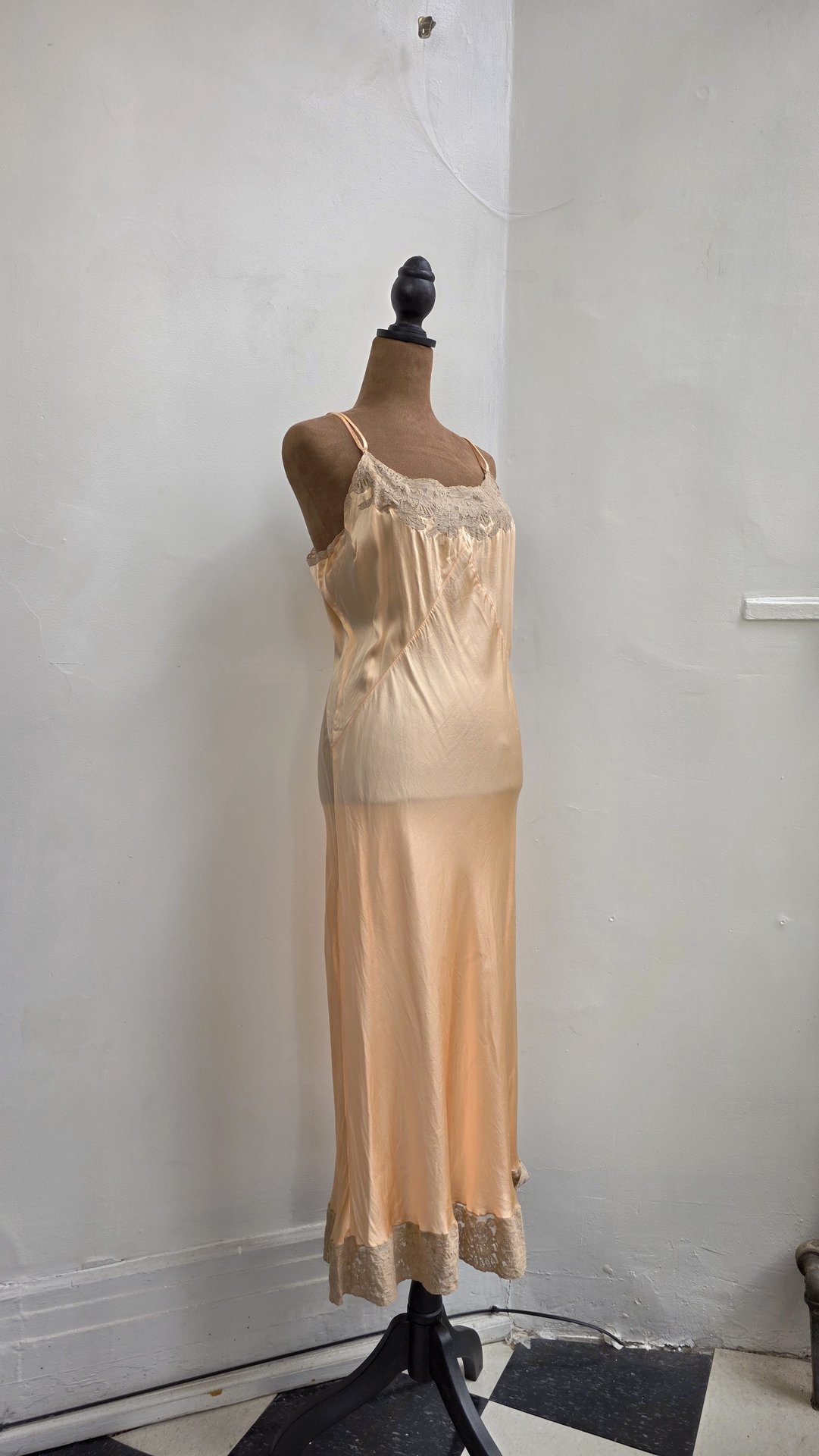 1920 pink silk satin slip dress with lace trim, size small