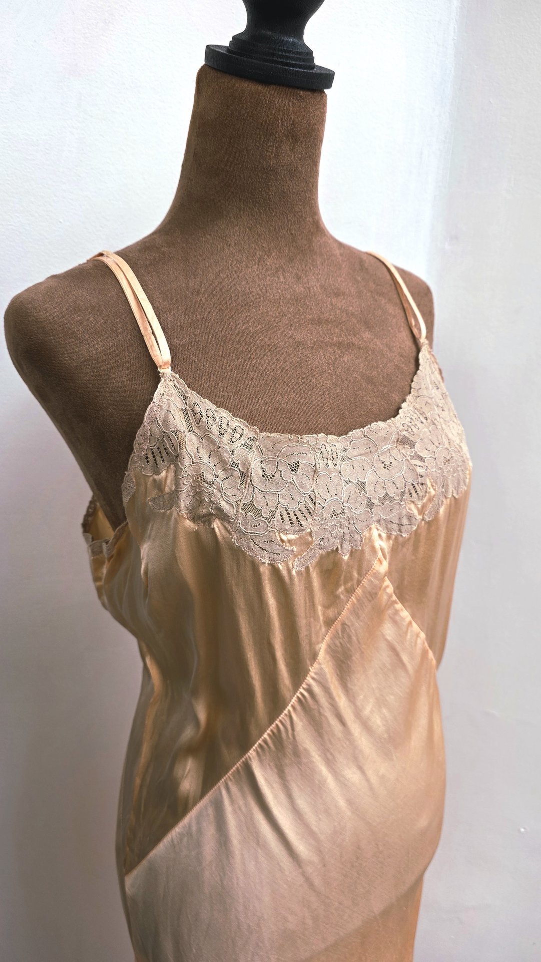 1920 pink silk satin slip dress with lace trim, size small