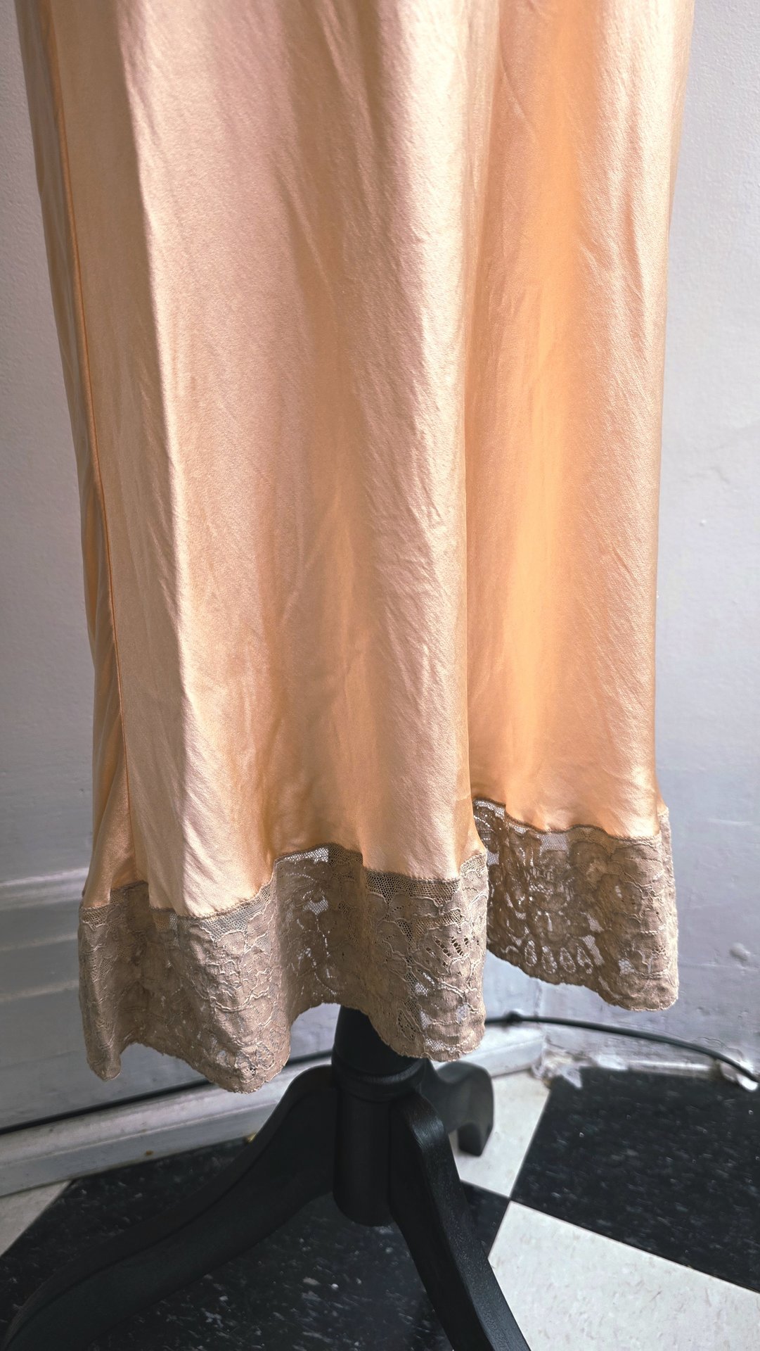 1920 pink silk satin slip dress with lace trim, size small