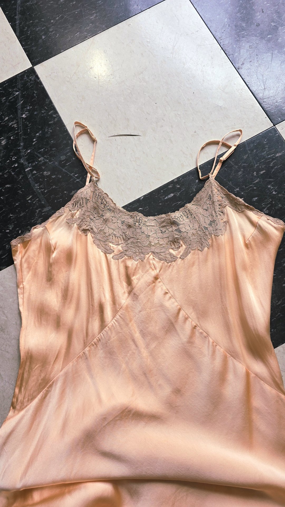 1920 pink silk satin slip dress with lace trim, size small