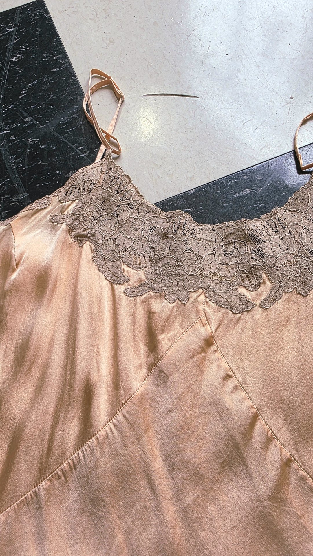 1920 pink silk satin slip dress with lace trim, size small
