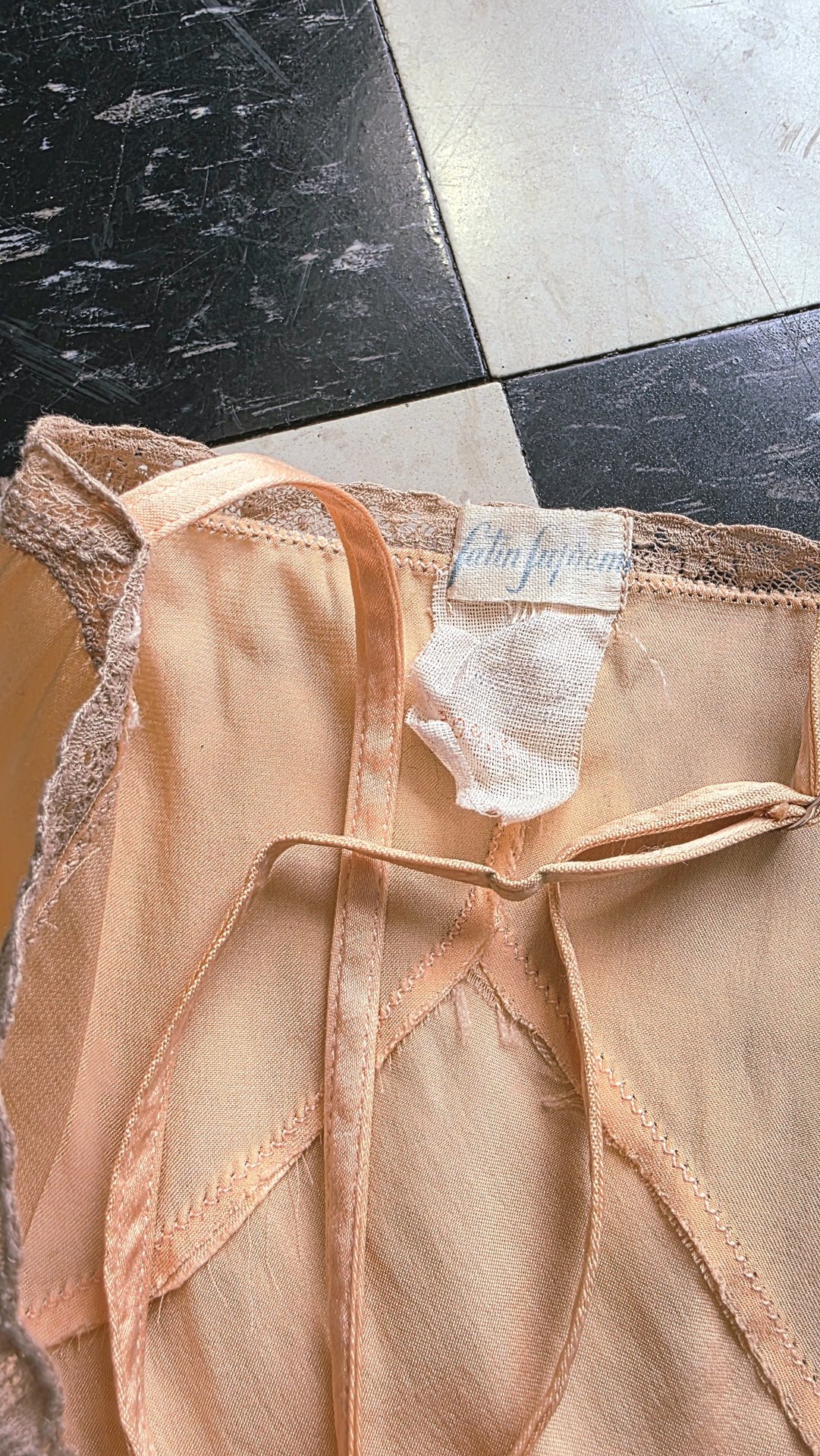 1920 pink silk satin slip dress with lace trim, size small