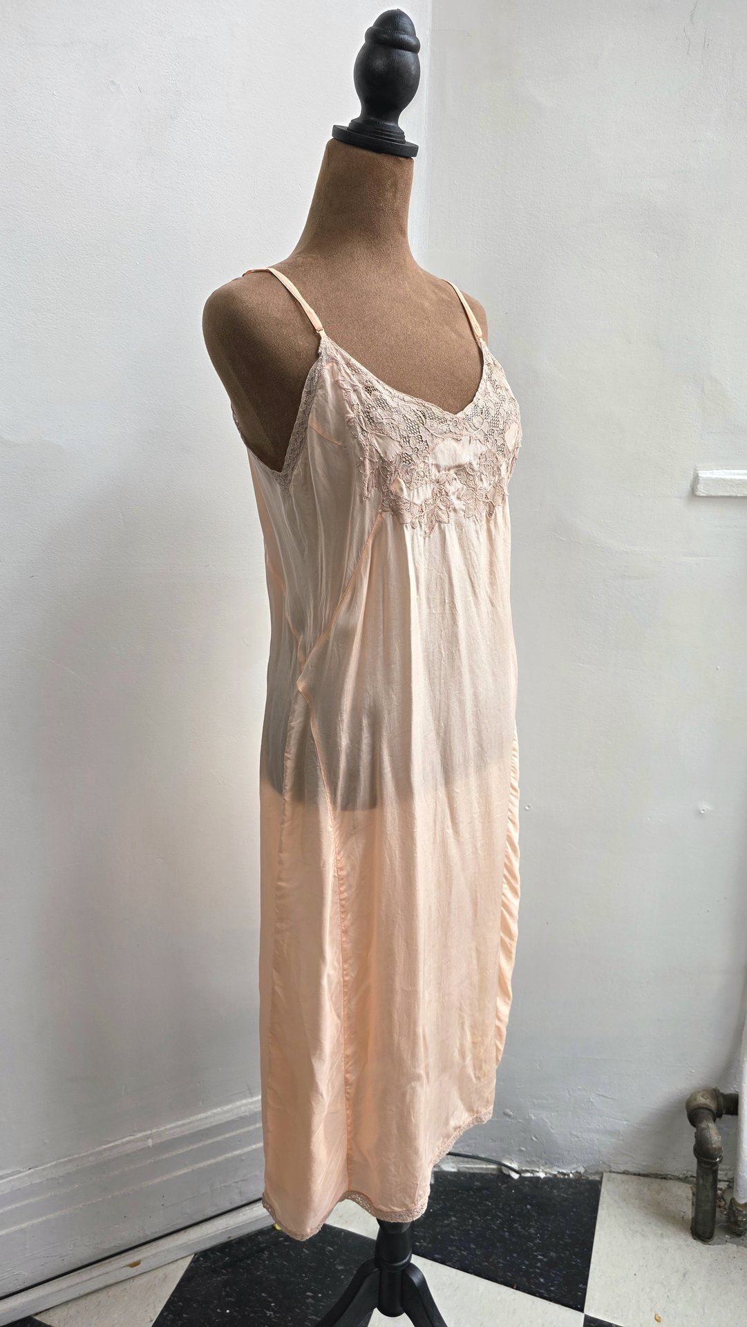 1948 peach slip dress with lace trim, size medium