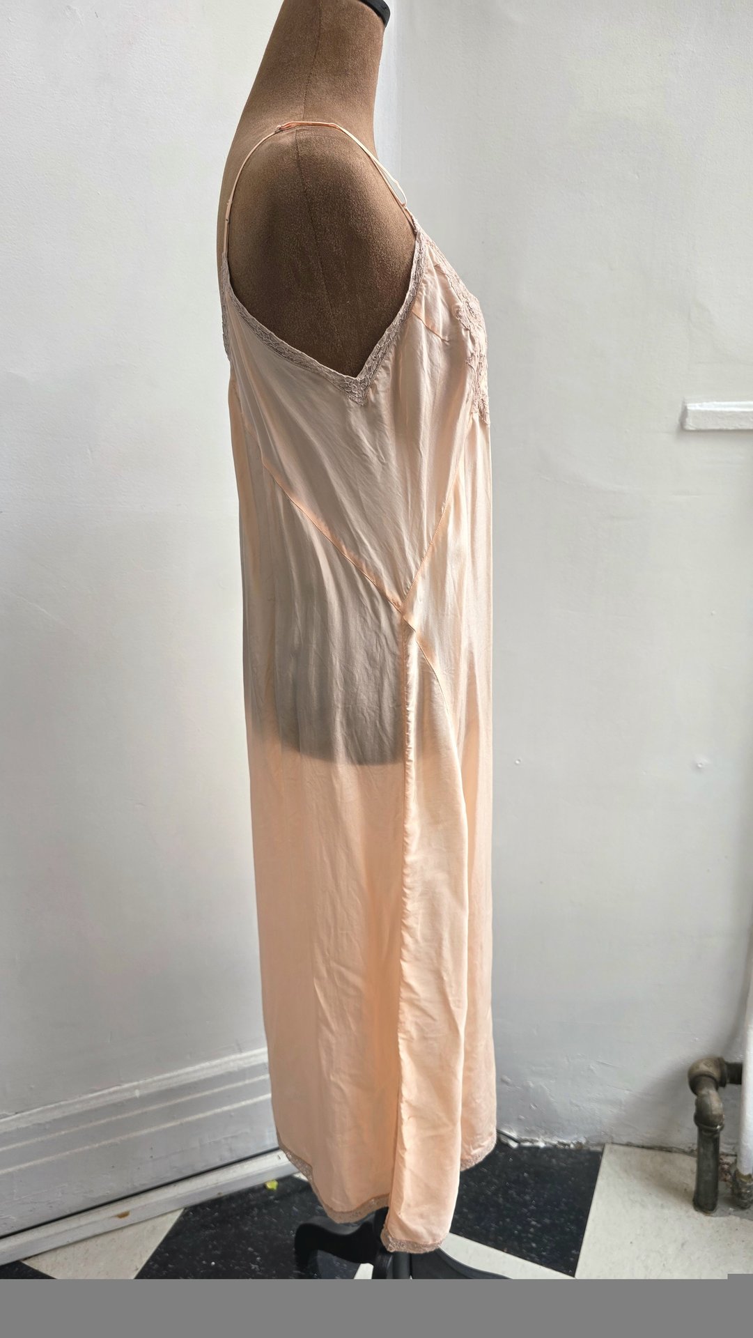 1948 peach slip dress with lace trim, size medium