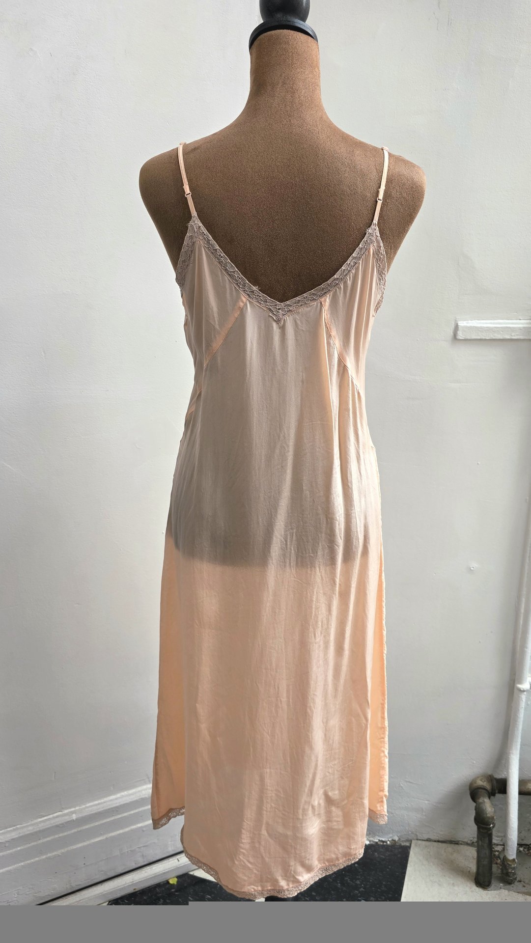 1948 peach slip dress with lace trim, size medium