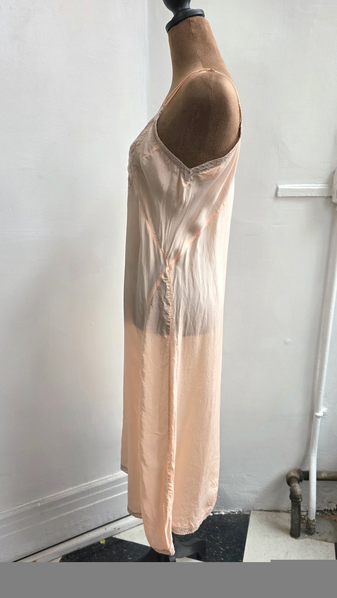 1948 peach slip dress with lace trim, size medium