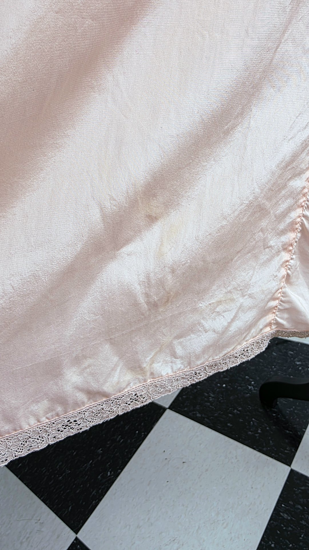 1948 peach slip dress with lace trim, size medium