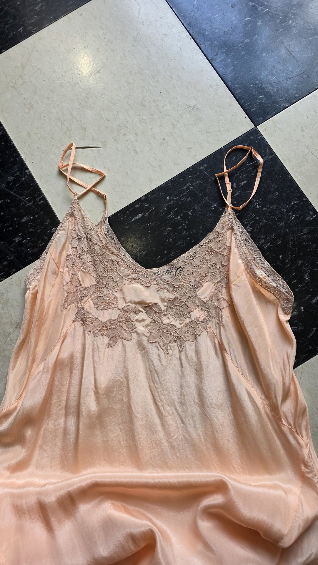 1948 peach slip dress with lace trim, size medium