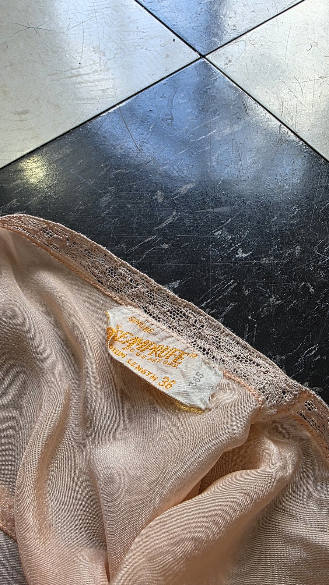 1948 peach slip dress with lace trim, size medium