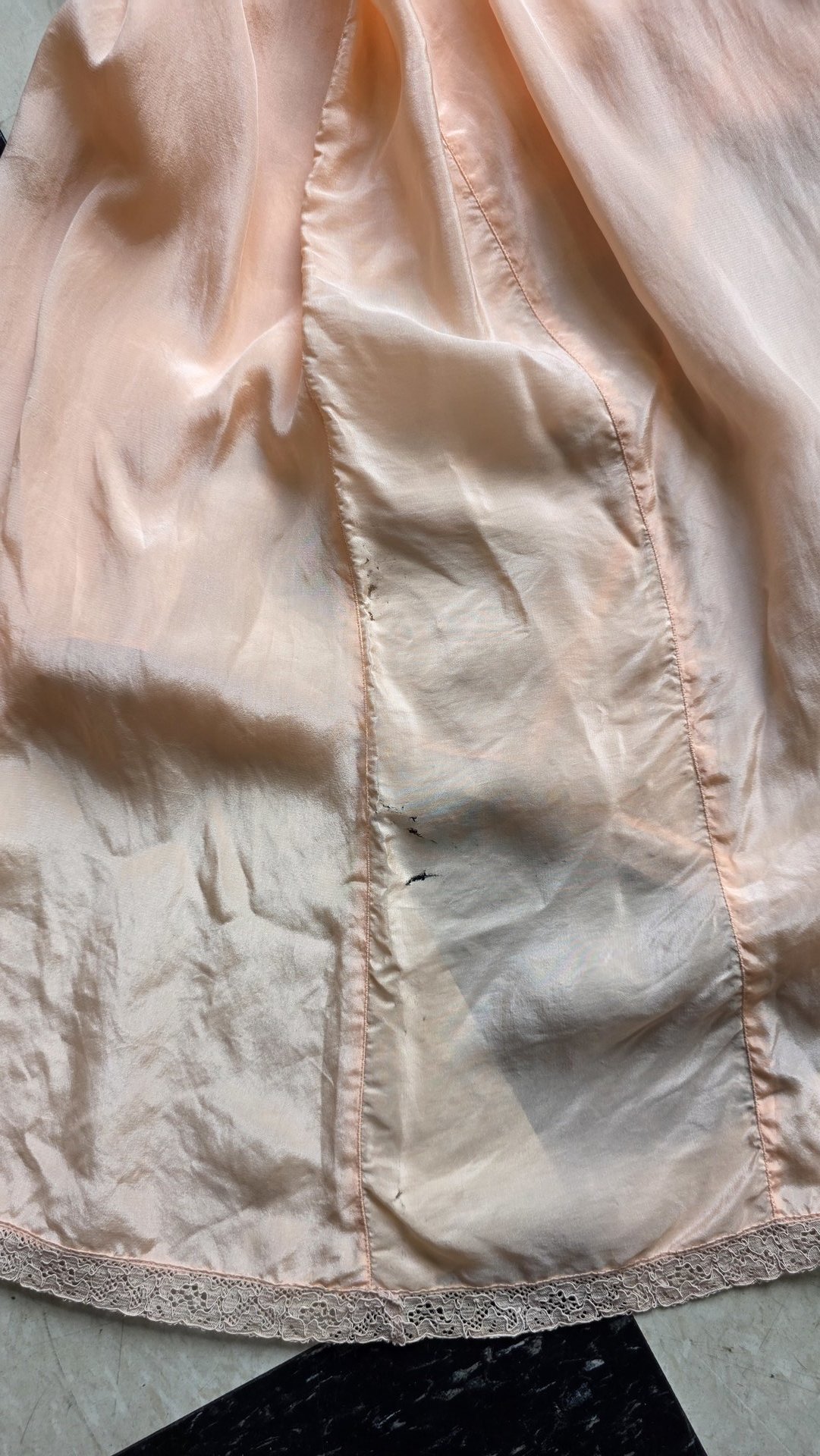 1948 peach slip dress with lace trim, size medium
