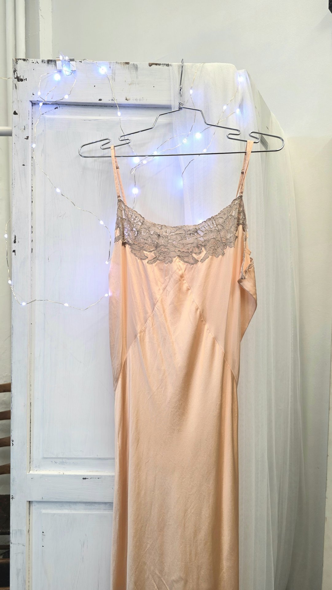 1920 pink silk satin slip dress with lace trim, size small