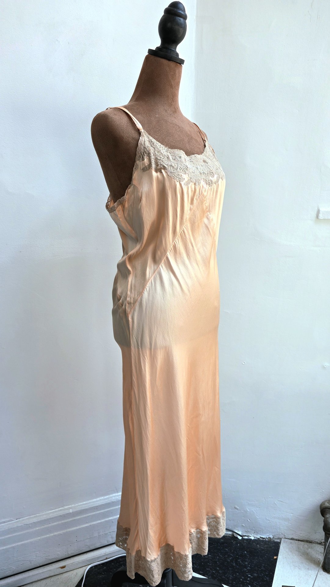 1930 pink silk satin slip dress with lace trim, size small