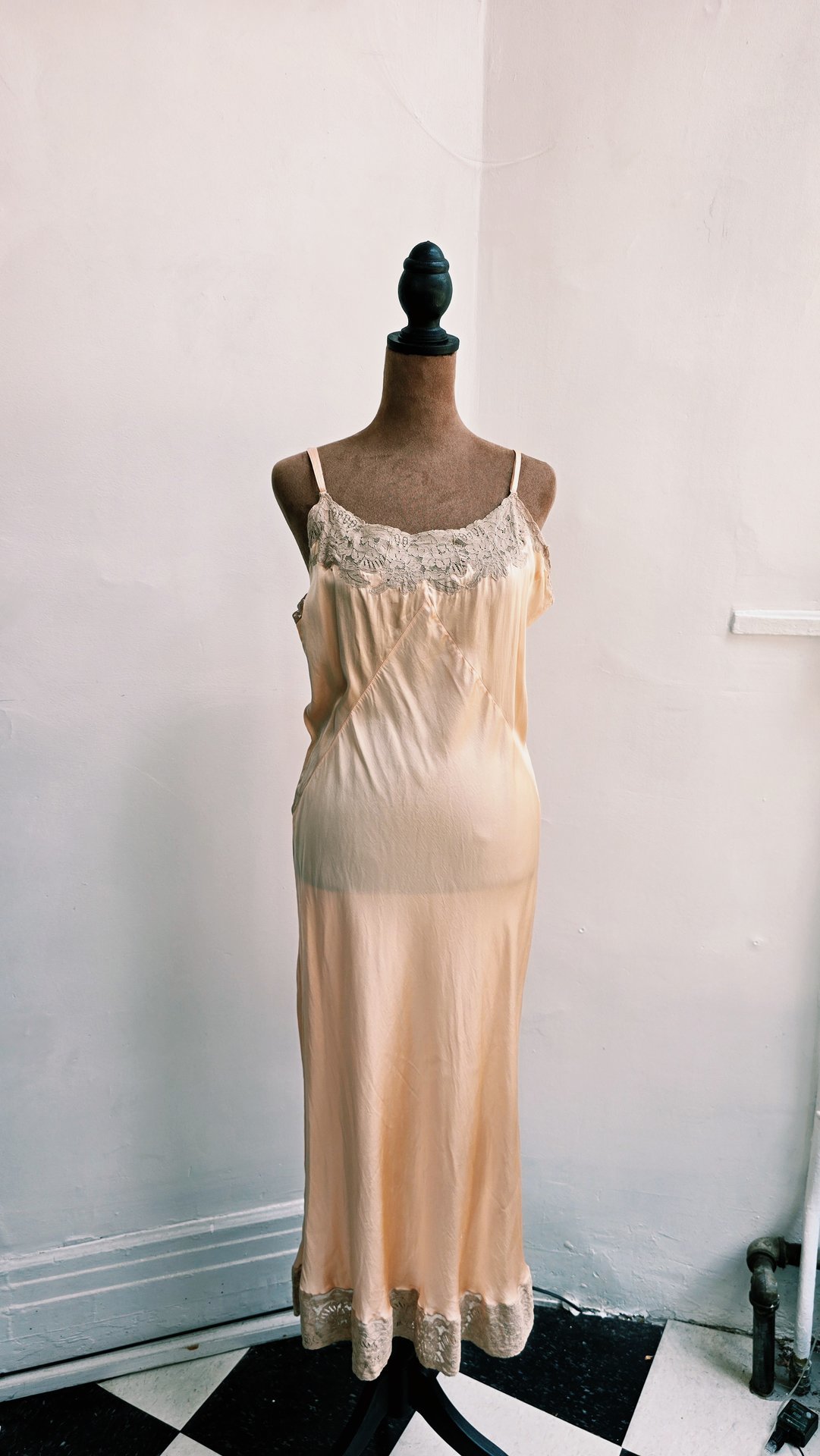 1930 pink silk satin slip dress with lace trim, size small
