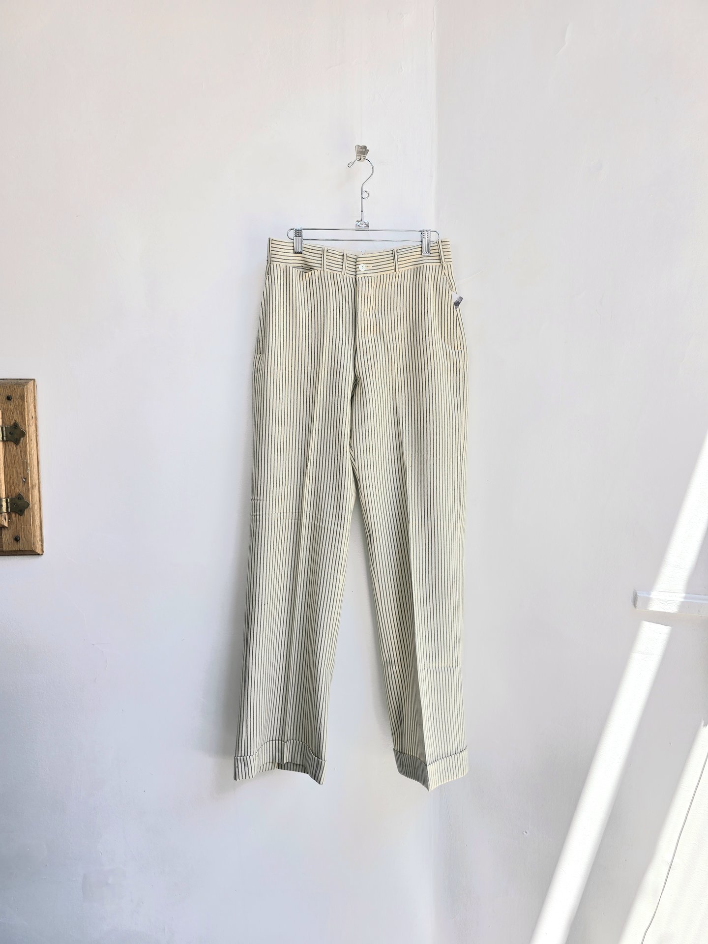 1920 pinstriped wool trouser pants with button fly, size 28 waist