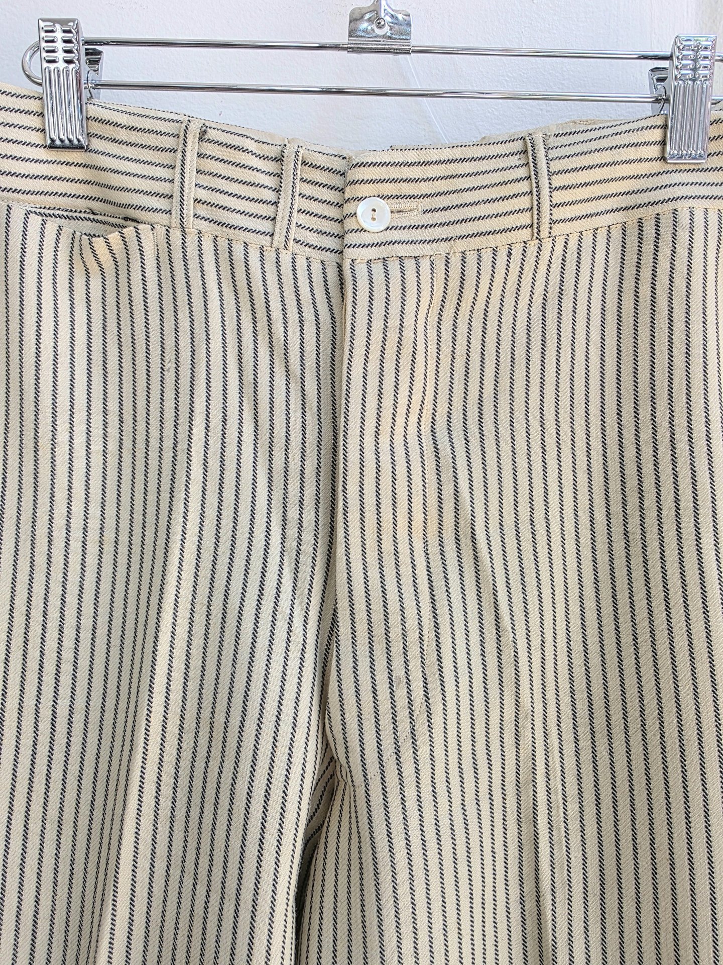 1920 pinstriped wool trouser pants with button fly, size 28 waist