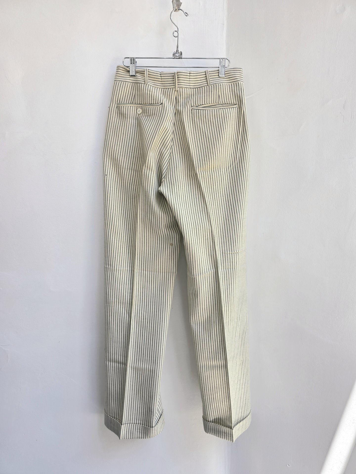 1920 pinstriped wool trouser pants with button fly, size 28 waist