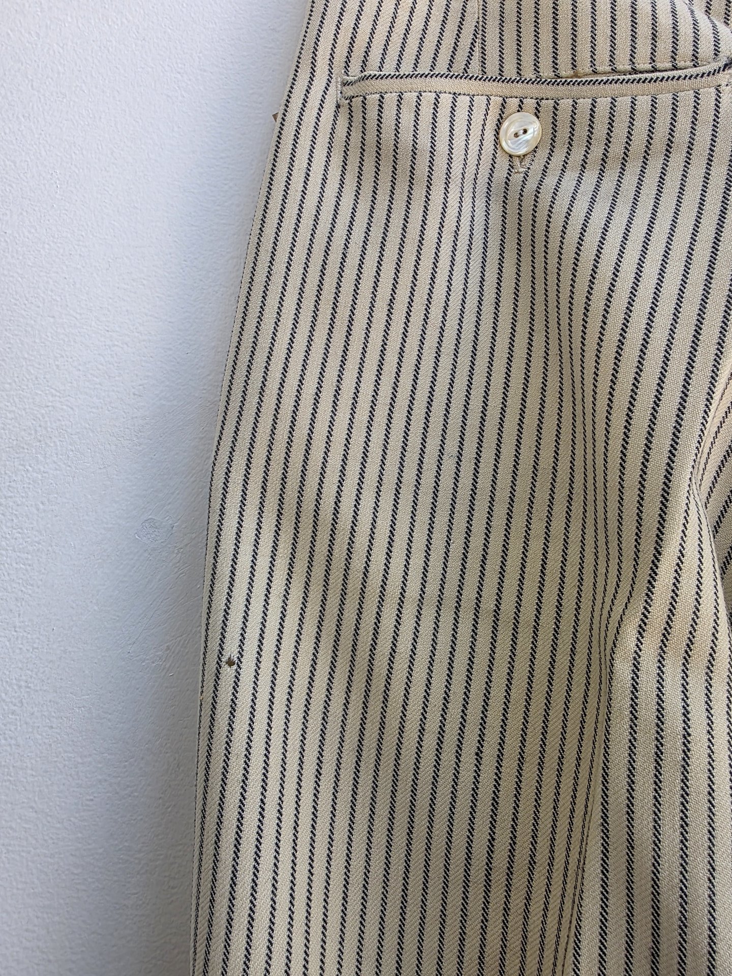 1920 pinstriped wool trouser pants with button fly, size 28 waist